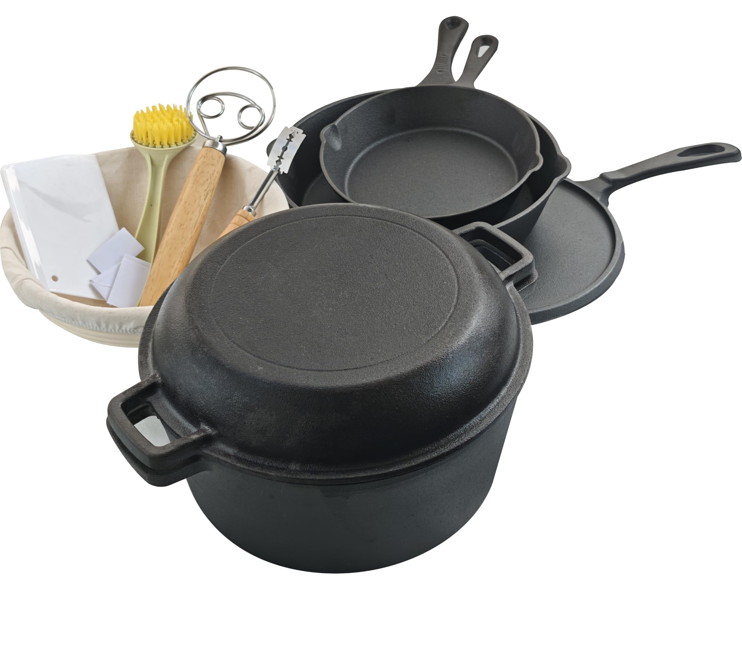 2-In-1 Seasoned Cast Iron Dutch Oven - With Cast Iron Skillet 3-Piece Set Loaf Oven Pan,Banneton Bread Proofing Basket set for home baking