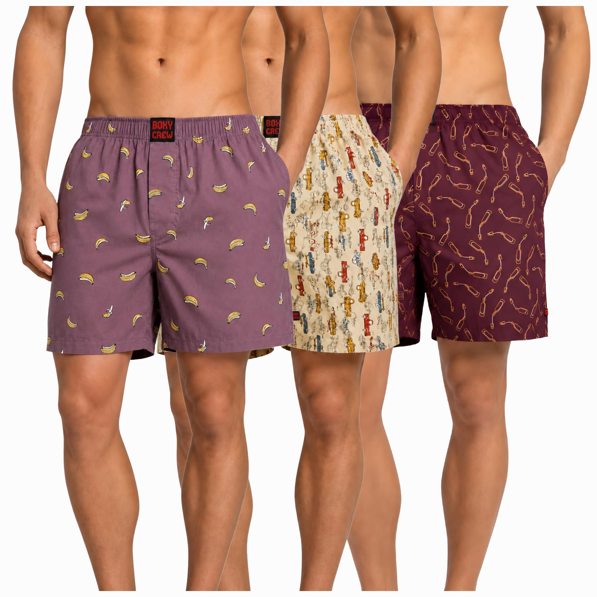 Men's 100% Cotton Boxer Shorts Pack of 3, Rose Pink, Beige & Maroon | Woven Boxers with Side Pockets, No-Marks Elastic Waistband, Breathable Relaxed Fit | Style 006-013-014-picture-36