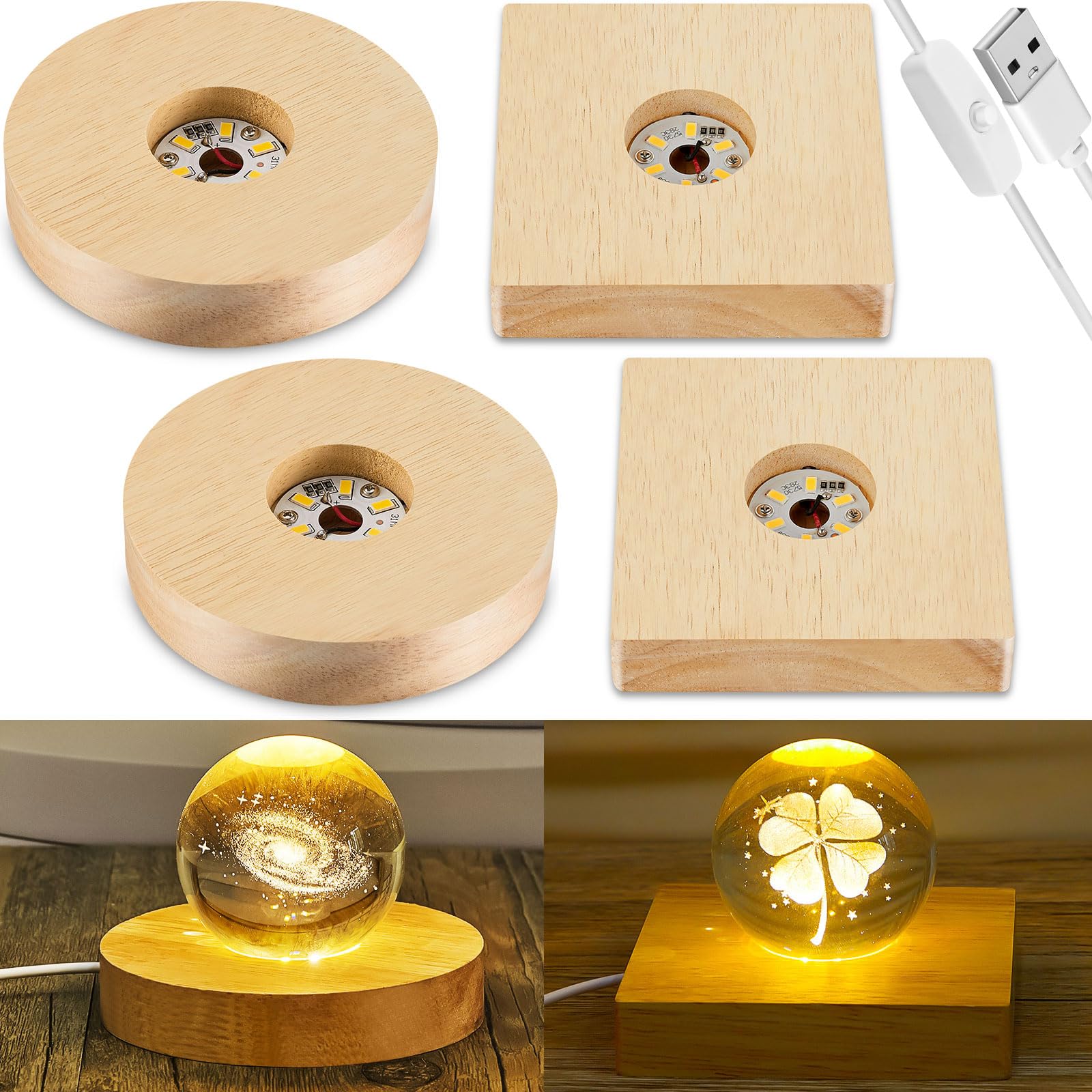 Honoson 4 Pcs LED Light Display Base Glass Art Stand, Square, Round