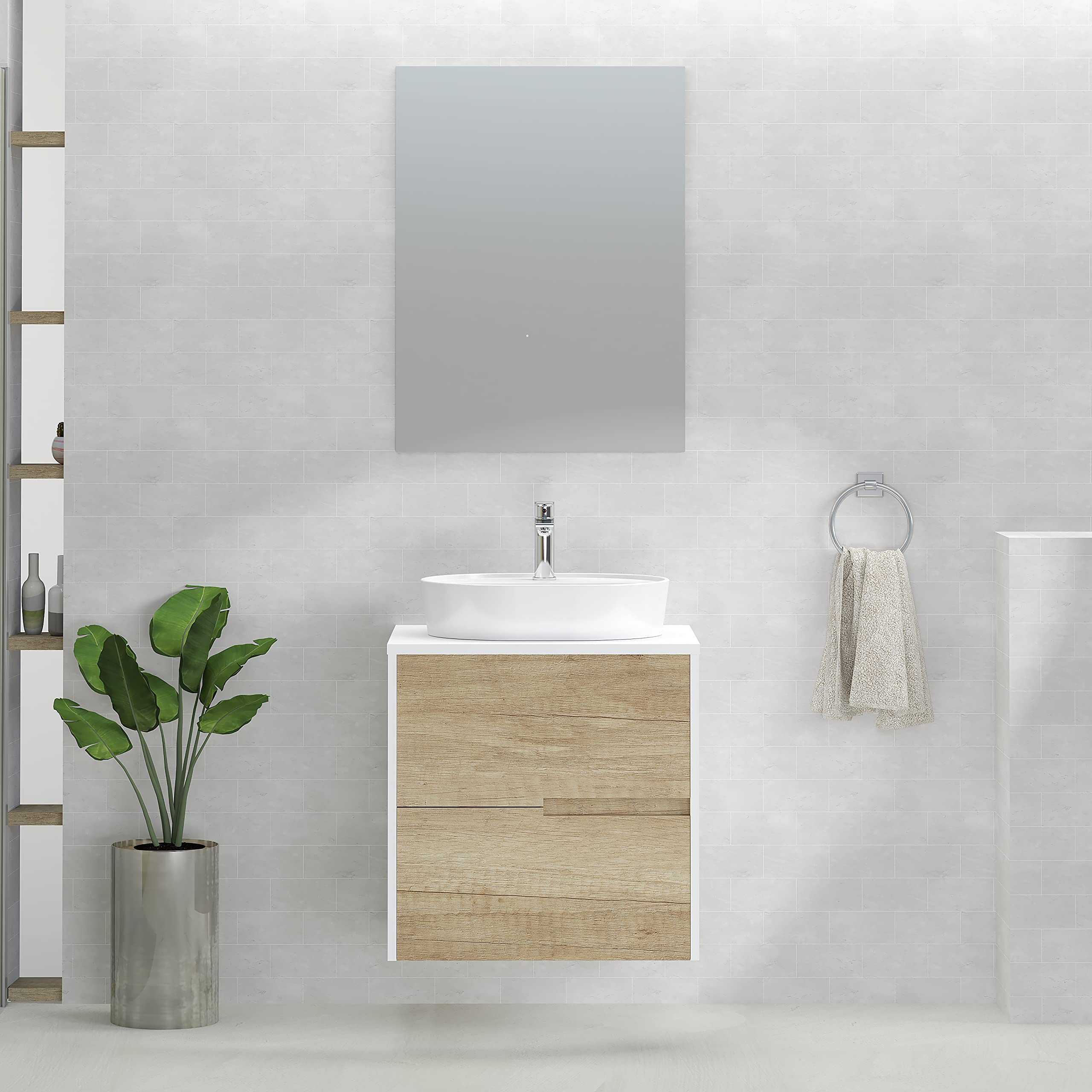 Baikal Mobile da bagno Gavin, 2 cassetti, mobile sospeso a parete, con lavabo in ceramica su piano di lavoro, varie finiture e misure, mobile montato senza specchio 60 cm Nature