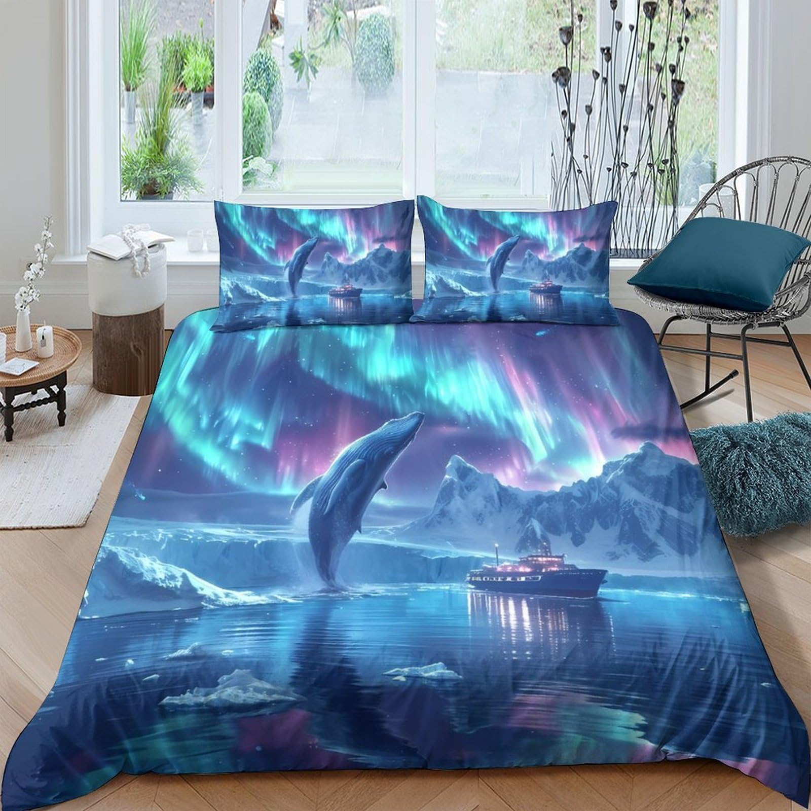 Ctjqhvkz Style-8 3D Printed Aurora Whale Fitted Sheet Microfiber Soft Breathable Northern Lights Bed Cover For Bedroom Dorm Decor Single（135X200cm）