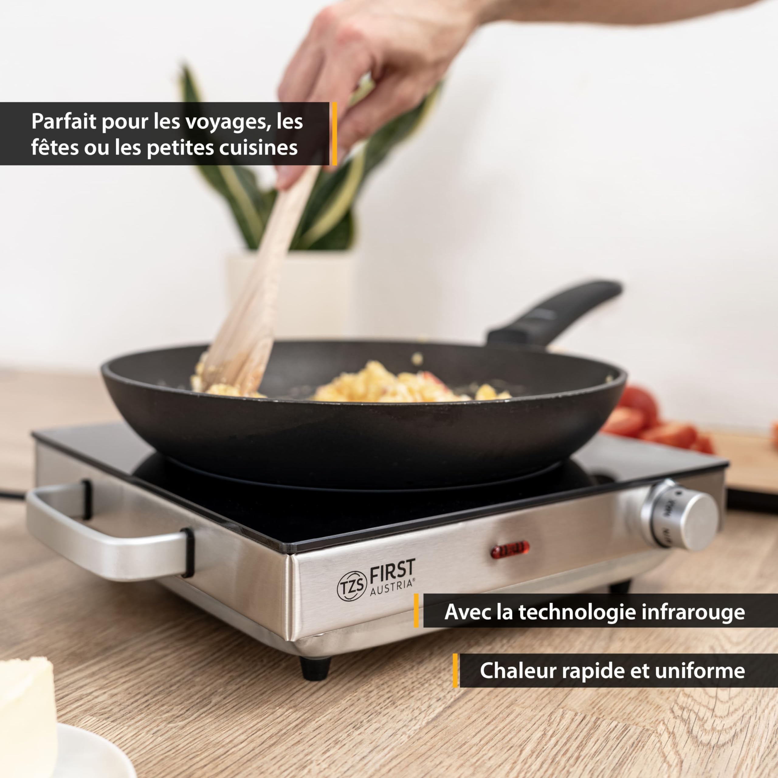 TZS First Austria - Plaque infrarouge - Ø 175 mm - Réchaud portable avec protection antisurchauffe, poignées & thermostat réglable - Vitrocéramique pour tous types de casseroles