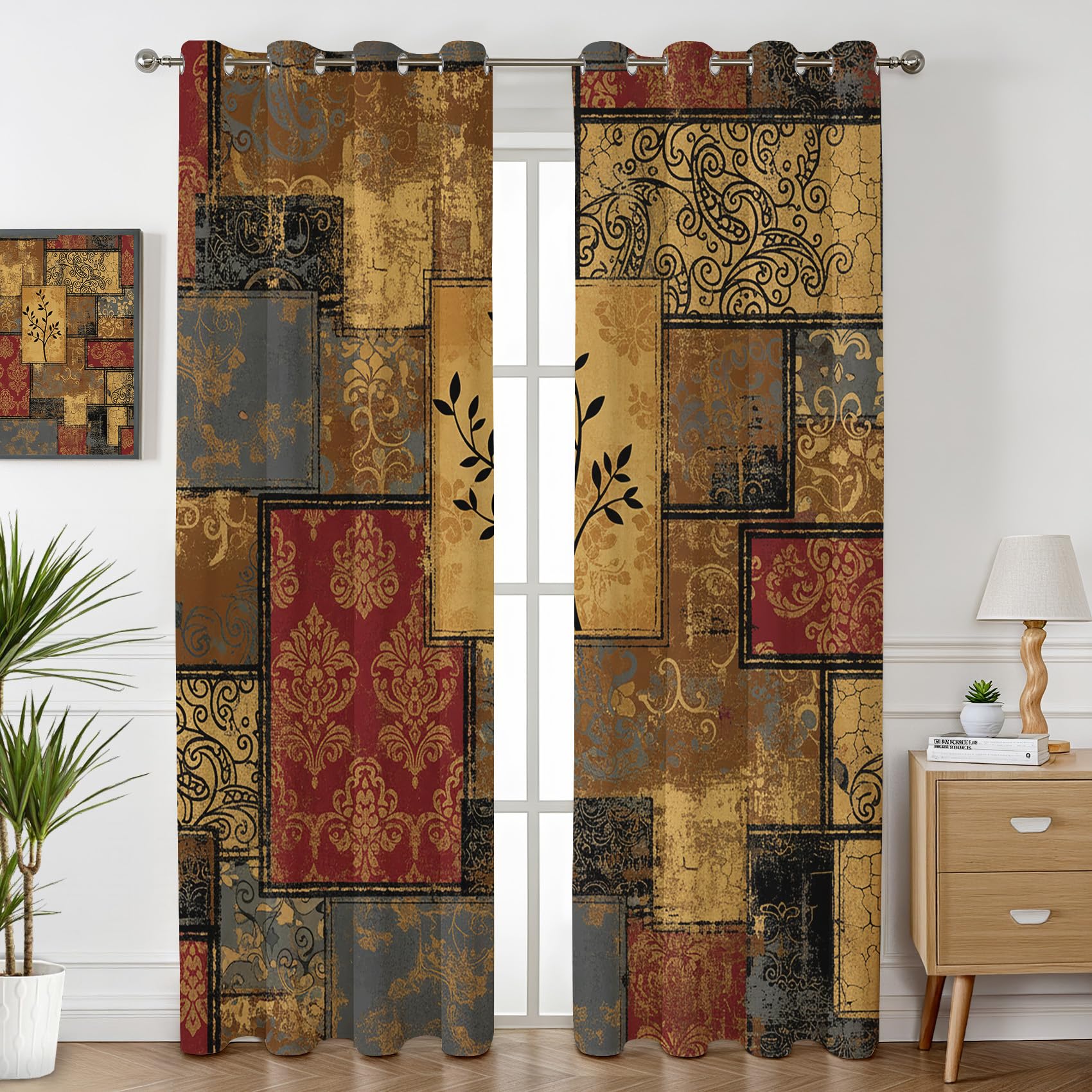 Havenix Rustic Patchwork Blackout Curtains for Bedroom Living Room, Eyelet Curtains 46x90, Thermal Insulated Drapes for Windows, Distressed Vintage Baroque Patterned Window Treatments, 2 Panels