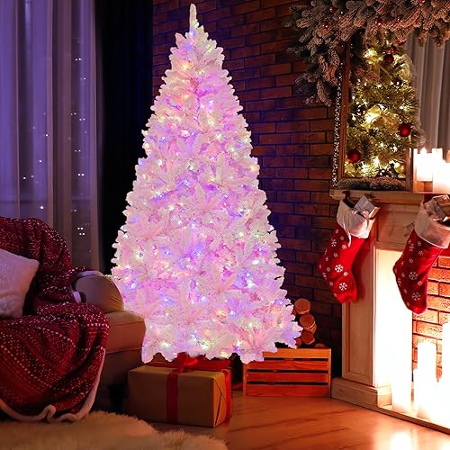 Miniatura 8 de Goplus Árbol de Navidad artificial preiluminado rosa de 7 pies, árbol de Navidad artificial con bisagras con 1200 puntas de rama, 8 modos de