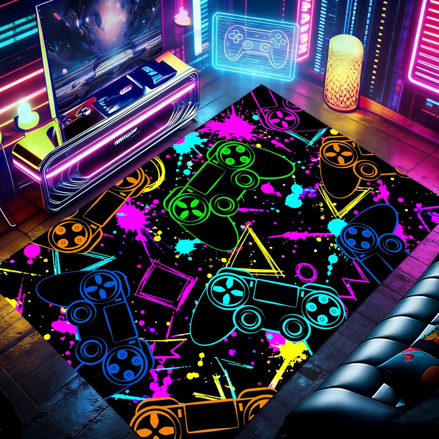 RICAUOU Gaming Rug for Boys' Rooms, 80x150cm Large-Area Rug Featuring A Cool, Colorful Watercolor Style Game Controller Design, Washable and Non-Slip Carpet for Game Rooms, Living Rooms, and Bedroom