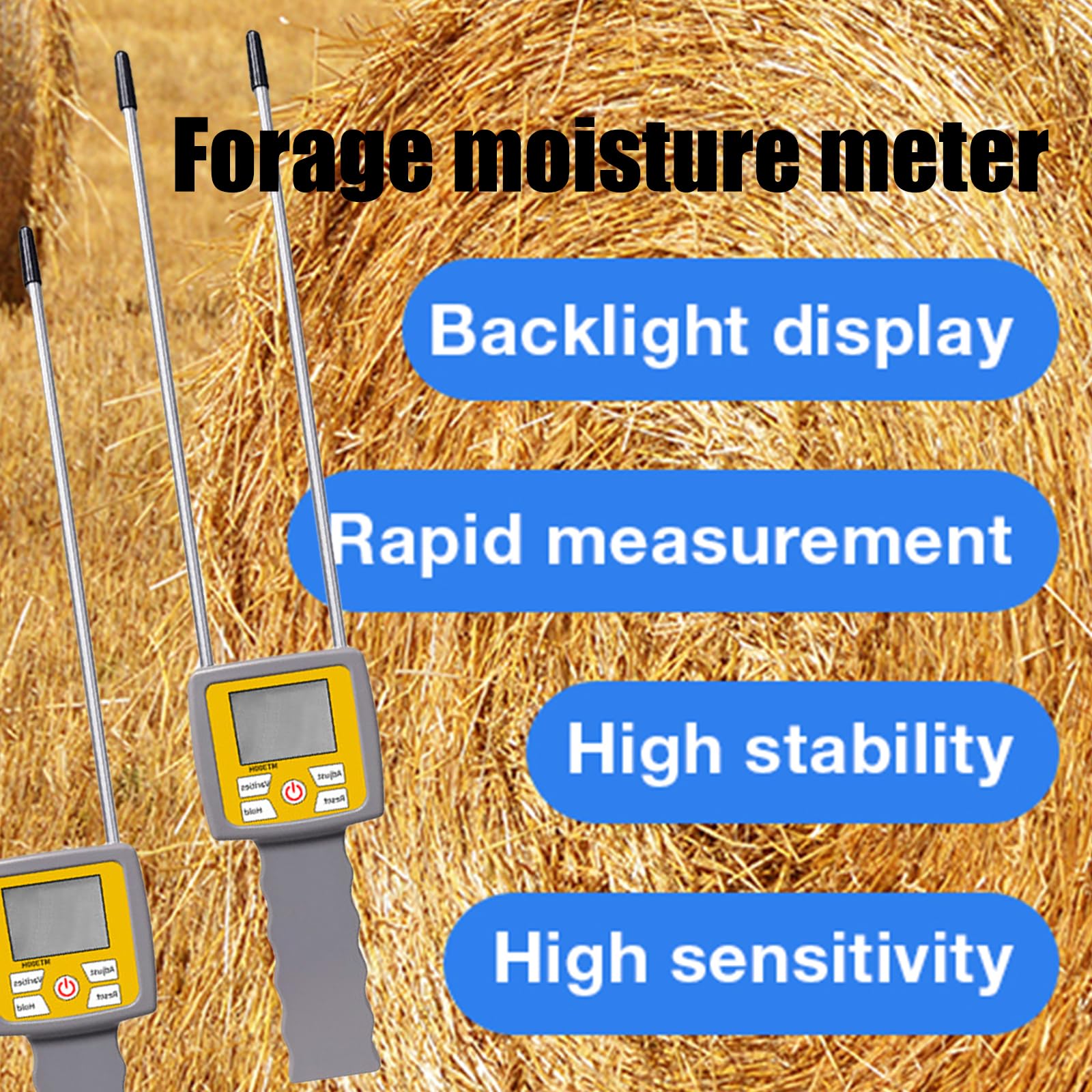 Tester umidità agricolo portatile Dotato schermo LCD Analizzatori umidità digitali Facile da usare per alimentatori Pascoli Doppie sonde Rilevatori foraggi