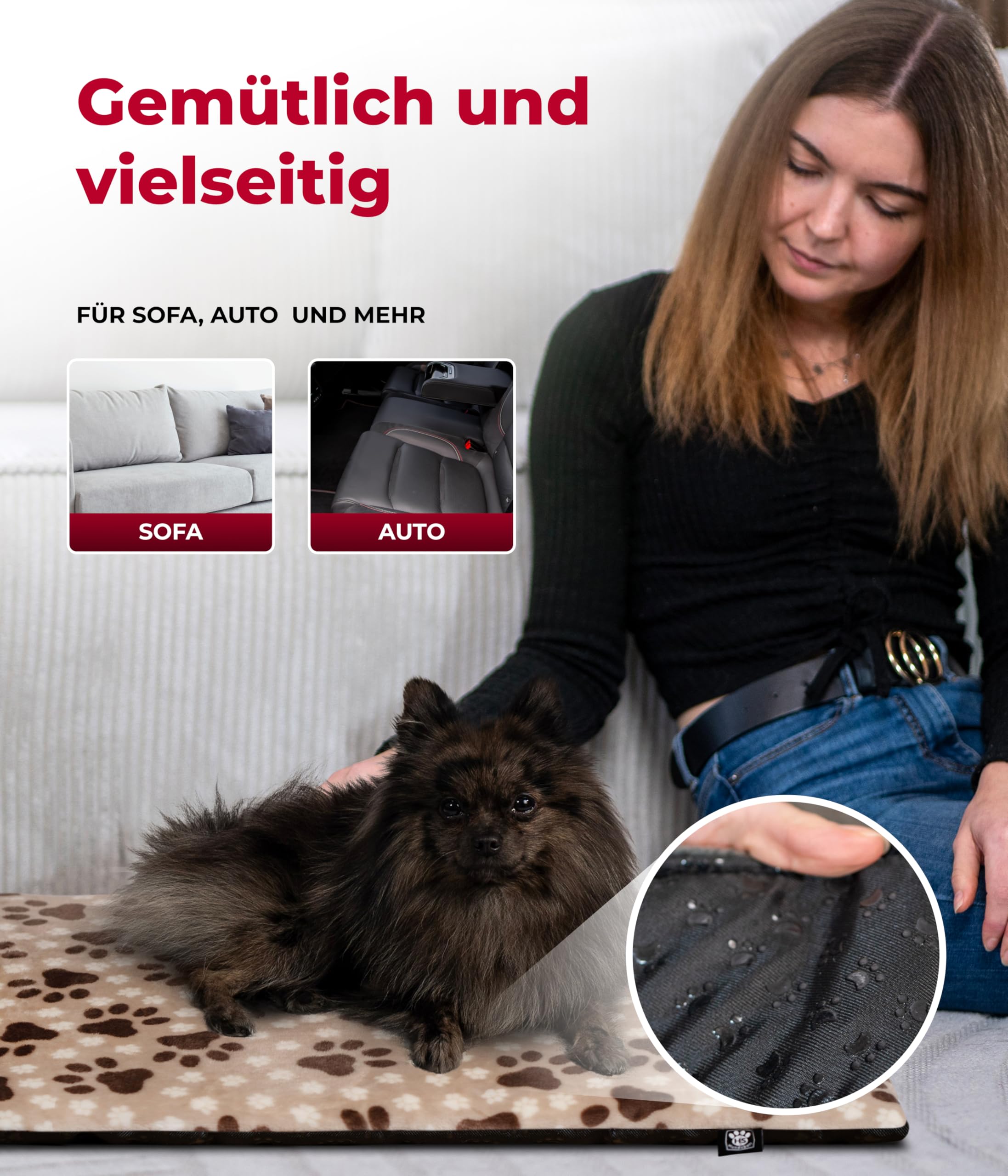 Hundedecke S (55x75 cm) – rutschfest & gemütlich Dank 3 cm Füllung – Perfekt fürs Sofa, Auto & Hundebox – Pfote Beige, Made in DE