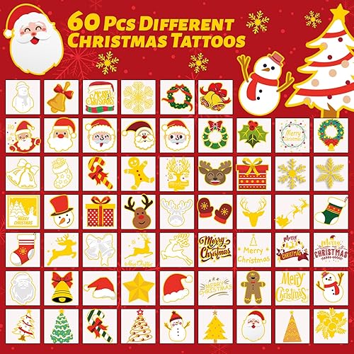 Miniatura 5 de 240 tatuajes temporales de Navidad para niños, tatuajes impermeables envueltos individualmente con purpurina, la mejor opción para rellenos de