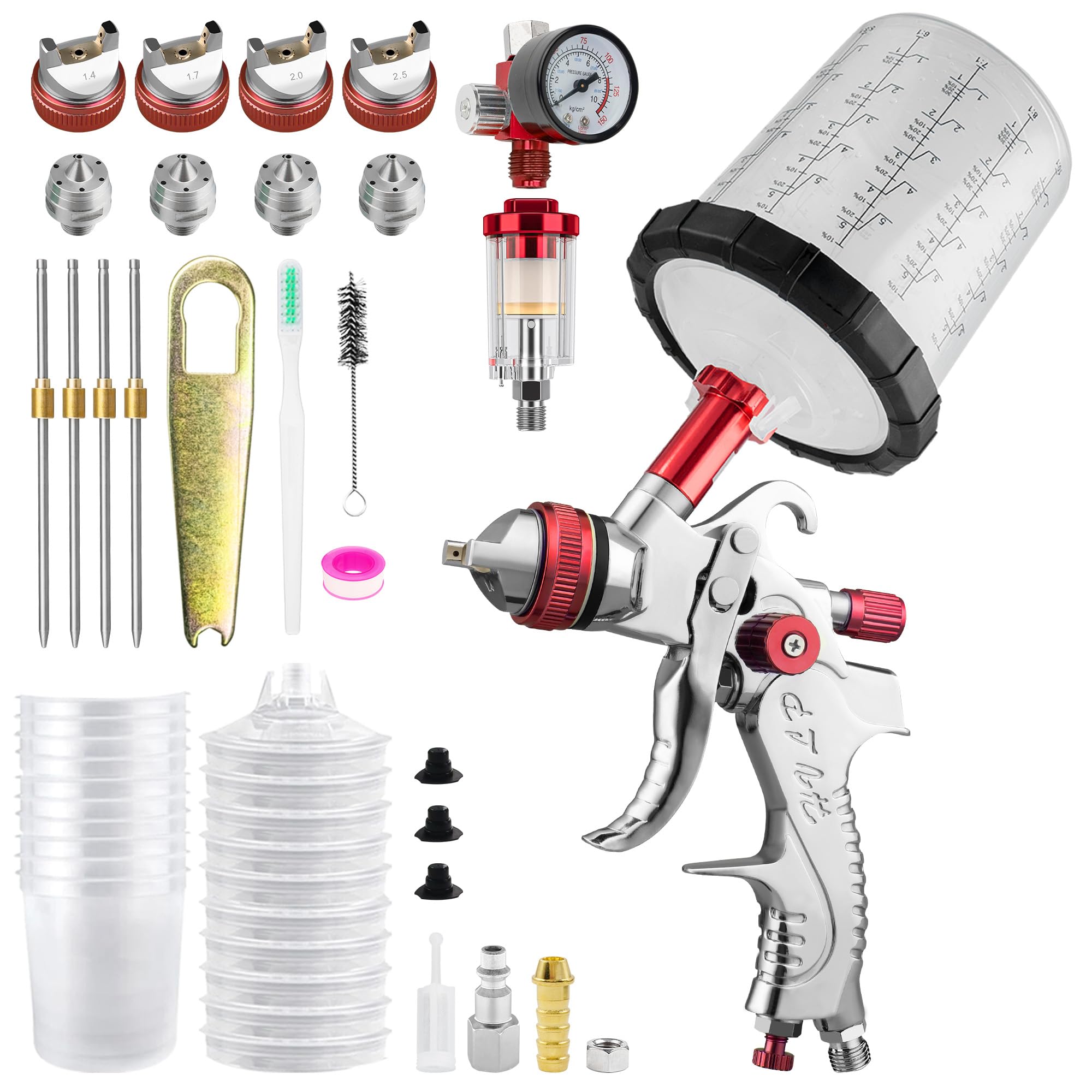 HVLP Pistola a spruzzo con 10 Tazza di Vernice Usa e Getta, 650ML, Professionale Pistola per Verniciare 4 ugelli da 1,4 mm/1,7 mm/ 2,0 mm/2,5 mm, & Manometro (rosso)