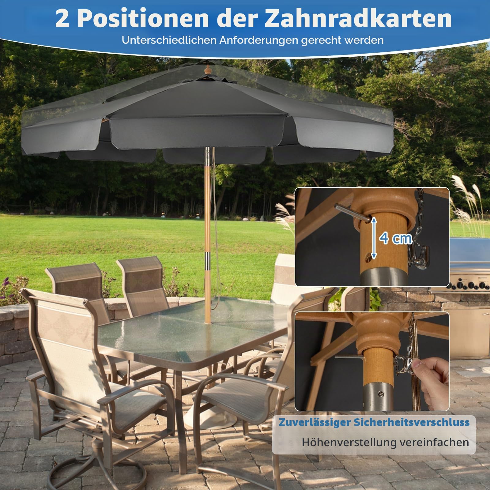 GIANTEX 300cm Sonnenschirm, Holz-Sonnenschirm, Marktschirm, Gartenschirm, Terrassenschirm Rund UV50+, neigbar und knickbar, Sonnenschutz für Garten, Balkon, Terrasse (Schwarz)