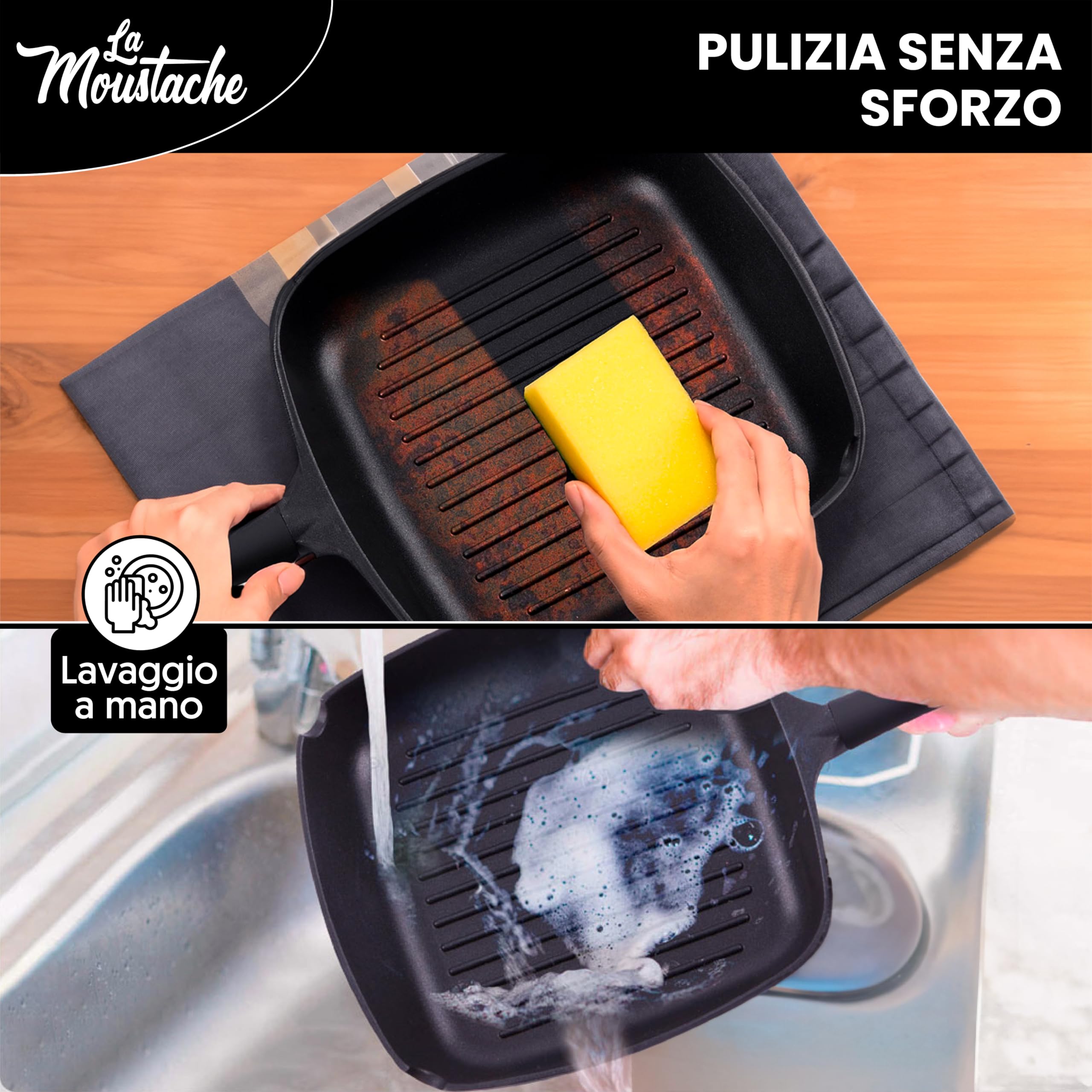 La Moustache - Padella Quadrata 28 cm in Alluminio con Antiaderente senza PFOA, Adatto a Tutti i Tipi di Cucine | Induzione, Gas, Piastra Elettrica, Vitroceramica, Equilibrio Termico