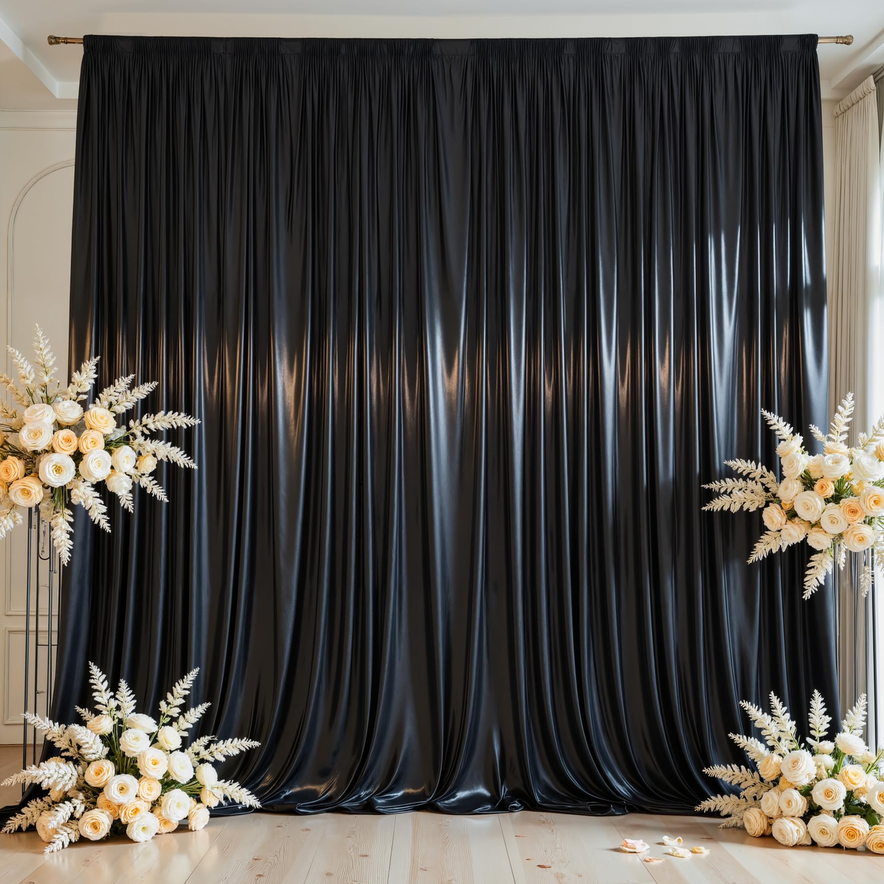 Black Satin Backdrop Curtains 2 Panels - Glitter Photo Drapes for Baby Shower, 10x10FT Shimmer Back Drop Cloth, Wrinkle Free for Birthday Party Prom