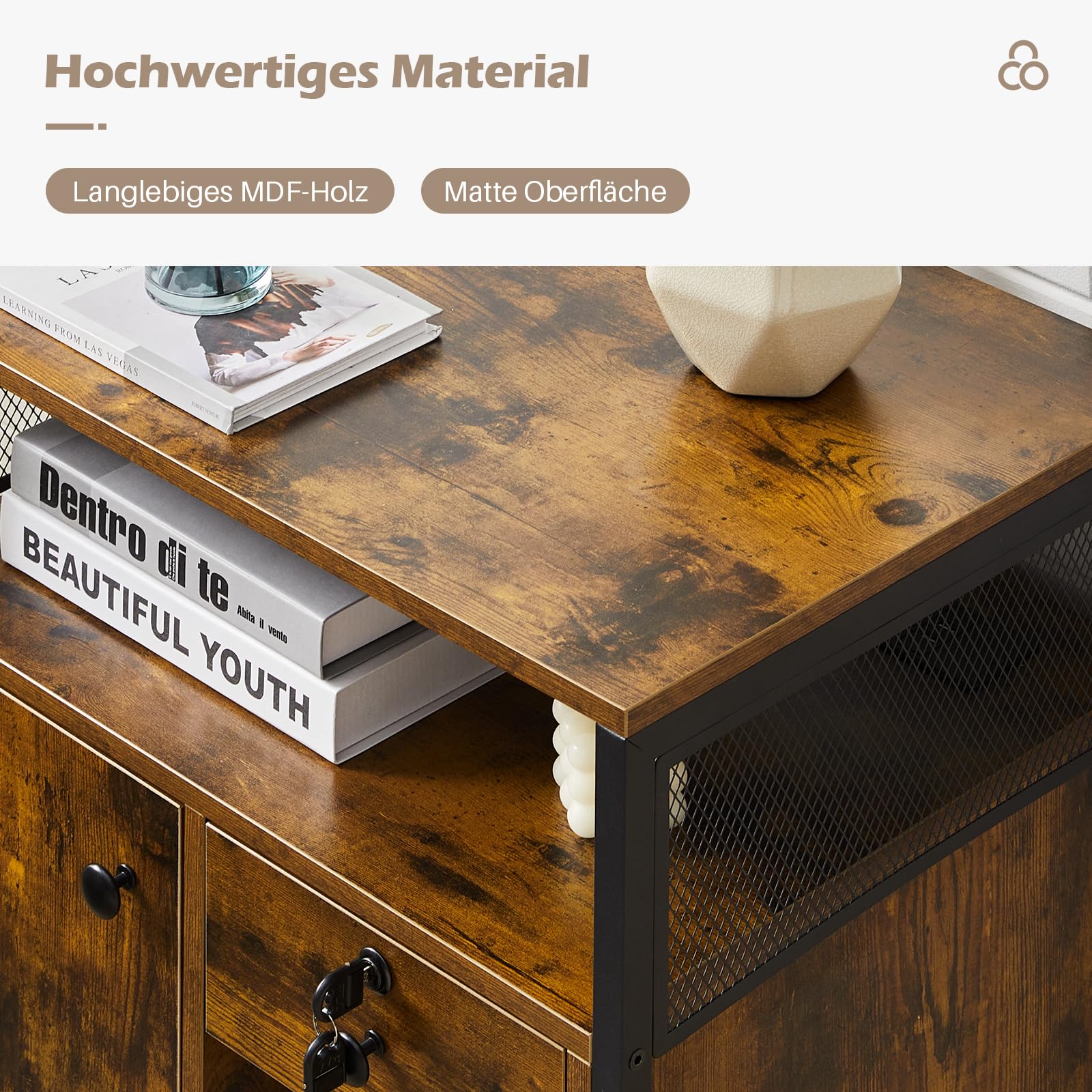 TUKAILAi Caisson de Bureau Rangement avec USB Port, Caisson Imprimante Mobile à Tiroir Verrouillables, Caisson Imprimante Mobile avec roulettes pour Format A4 Style Industriel (Marron Rustique)