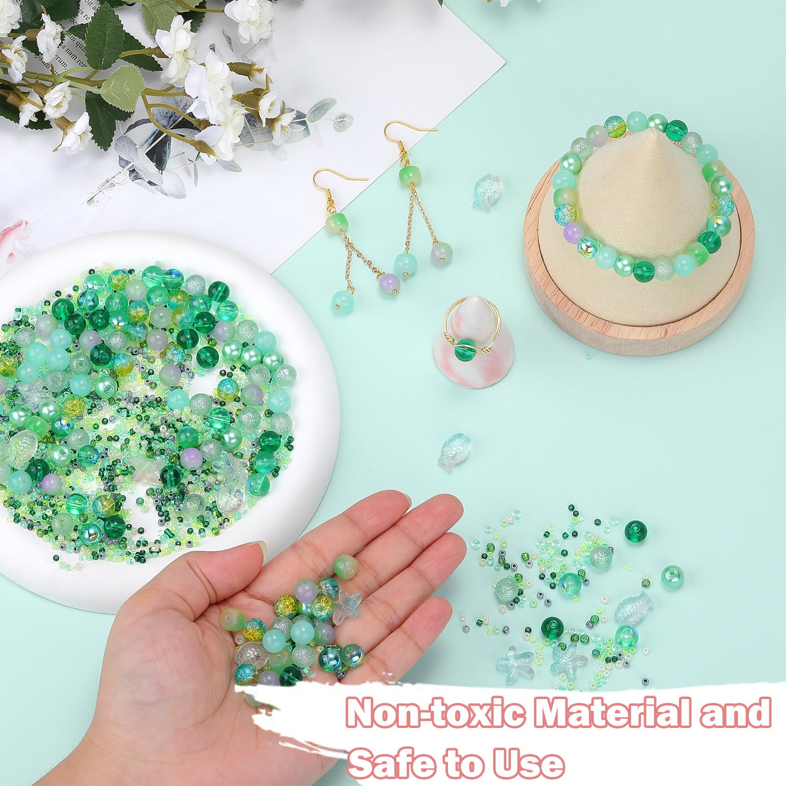 BEEFLYING 700pcs Glass Round Jewelry Making Kit with Assorted Crystal, Ocean, and Seed Beads for Bracelets Necklaces, Earrings (Green) - Image 3