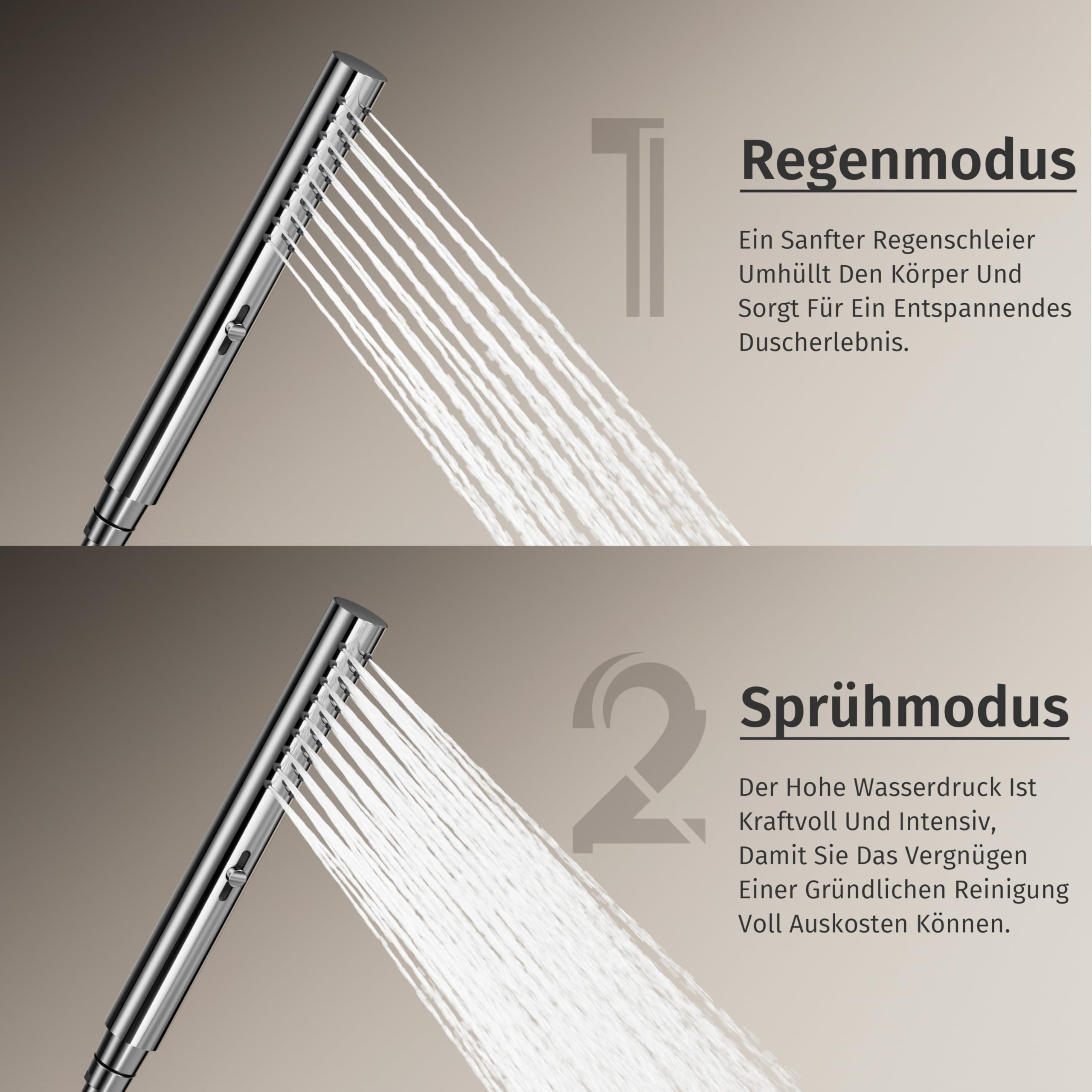 Duschkopf Chrom, wassersparender Duschkopf, 2 Wasserauslassmodi | Zylindrische ABS-Handbrause mit Regen- und Sprühstrahl und verdrehsicherem 1,5-m-Brauseschlauch, Handbrause + Schlauch