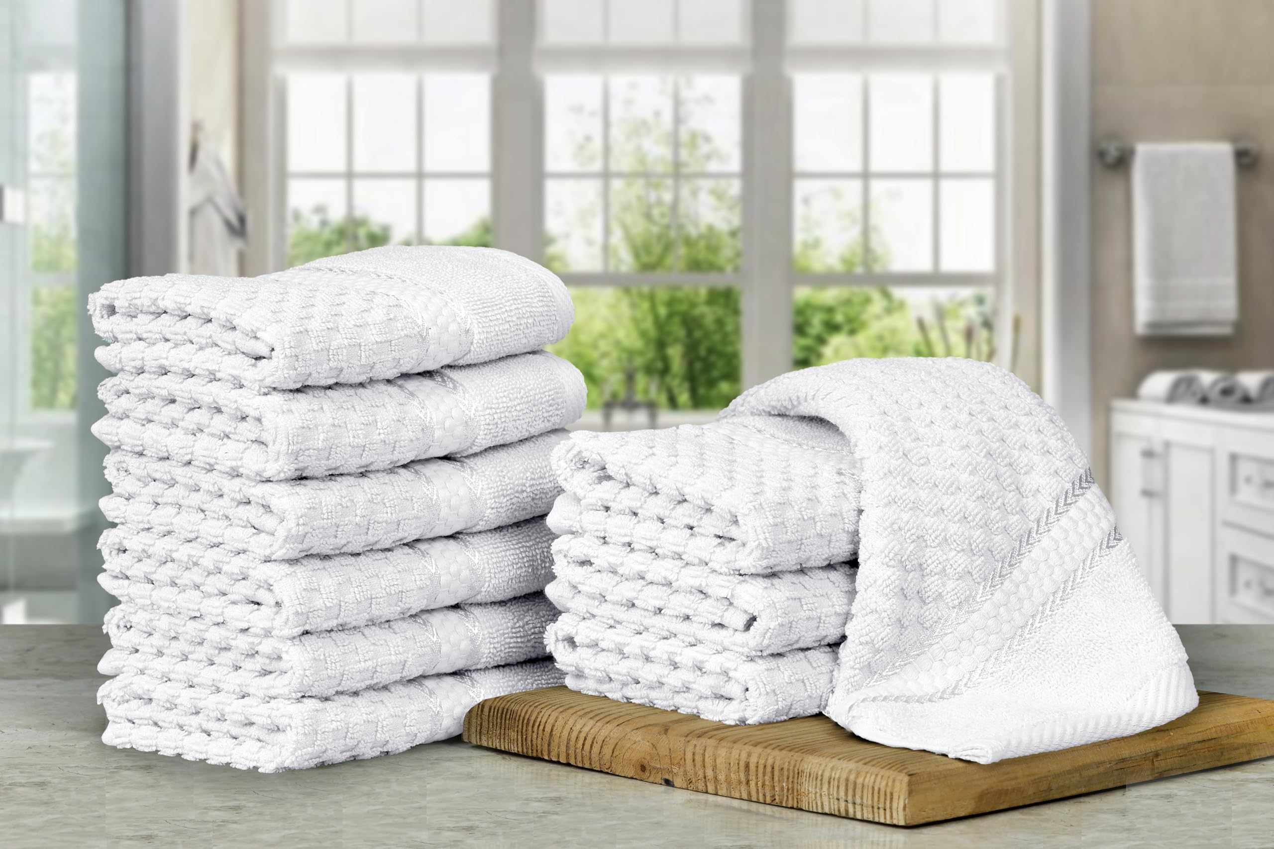 Set Of 5 Popcorn Pattern Wash Cloths - 100% Cotton Textured Hand Towels, 12x12 Inch, Highly Absorbent & Soft (White, Mulaayam Collection)