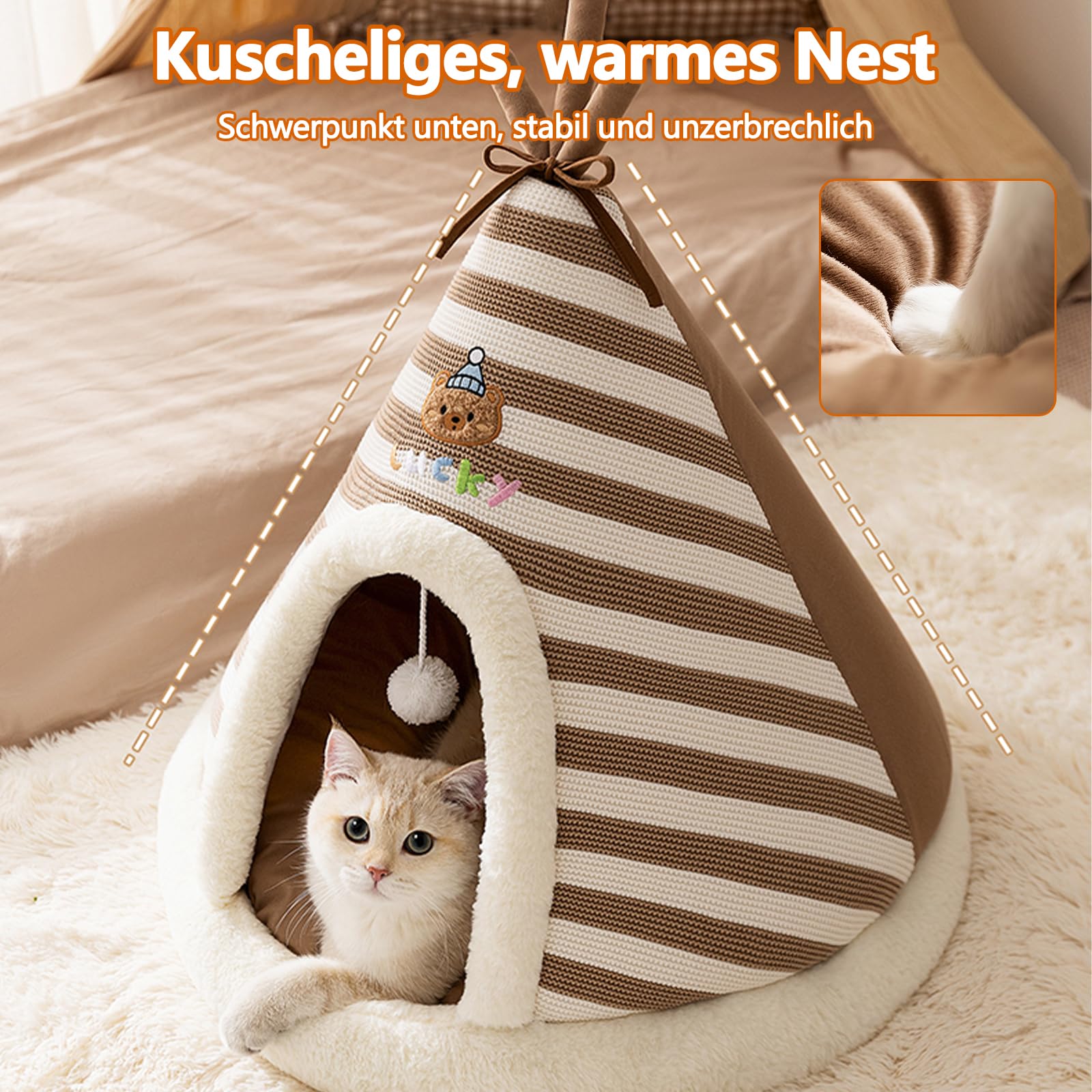 Galatée Katzenhöhlenbett, Süßes Katzenhaus-Hundeiglu Mit Abnehmbarem Kissen, Bequemes Dreieckiges Haustier-Tipi, Warmes Haustiernest Für Verbesserten Schlaf(XL, Braun)