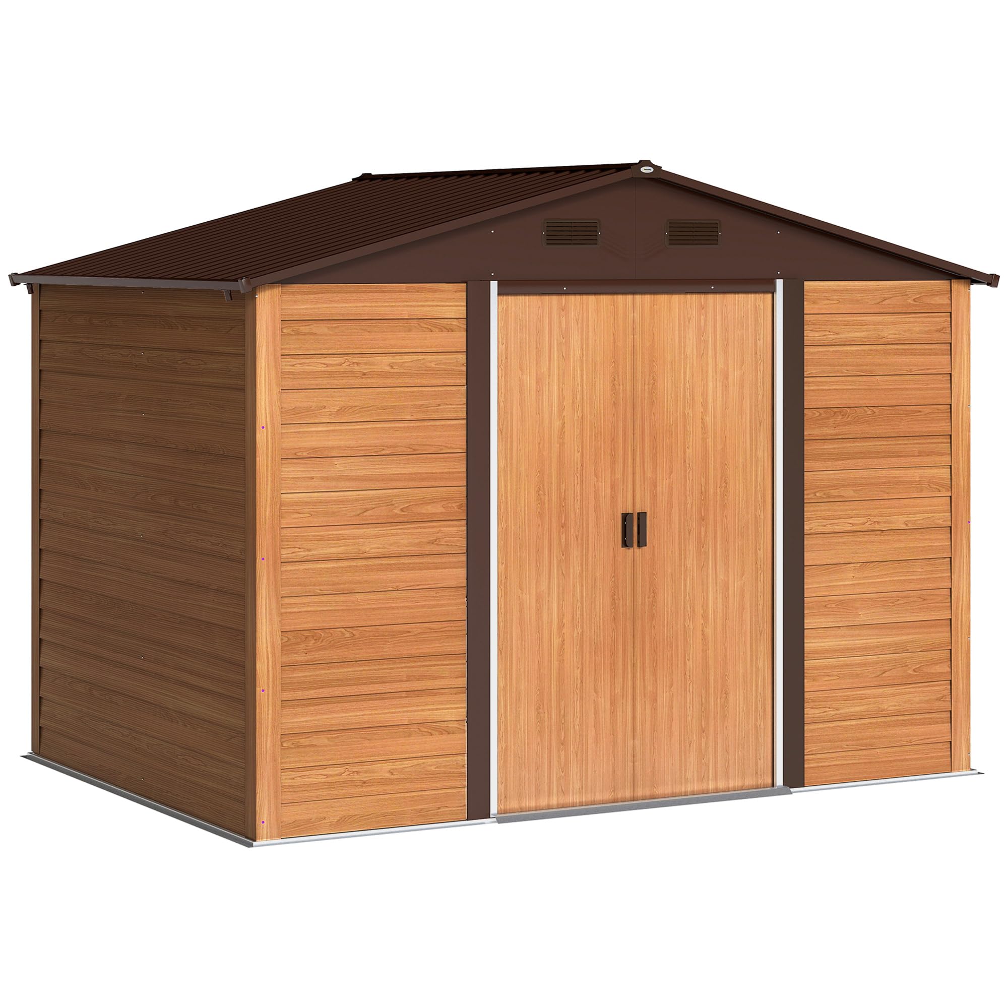 Outsunny Caseta de Jardín Exterior 4,84 m² 278x195x215 cm, Cobertizo de Jardín Exterior Metálica con 4 Ventanas y 2 Puertas Correderas, para Almacenaje de Herramientas, Madera Natural y Café