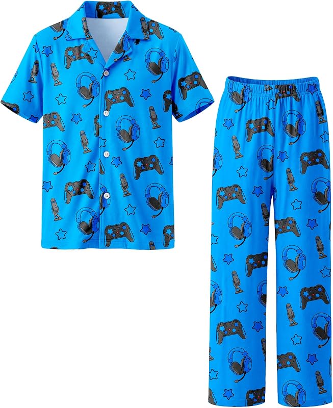 Boys Pajamas Big Boys Pjs Set Short Sleeves and Pants Sleepwear for Kids Button-Down Jammies Loungewear Size 7-14