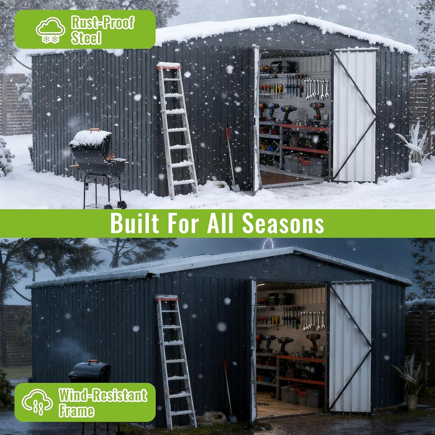 14X12 FT Durable Outdoor Storage Shed,Garden Shed with Upgraded Frame & Lockable Doors,Metal Sheds with Sloped Roof for Patio Garden Lawn