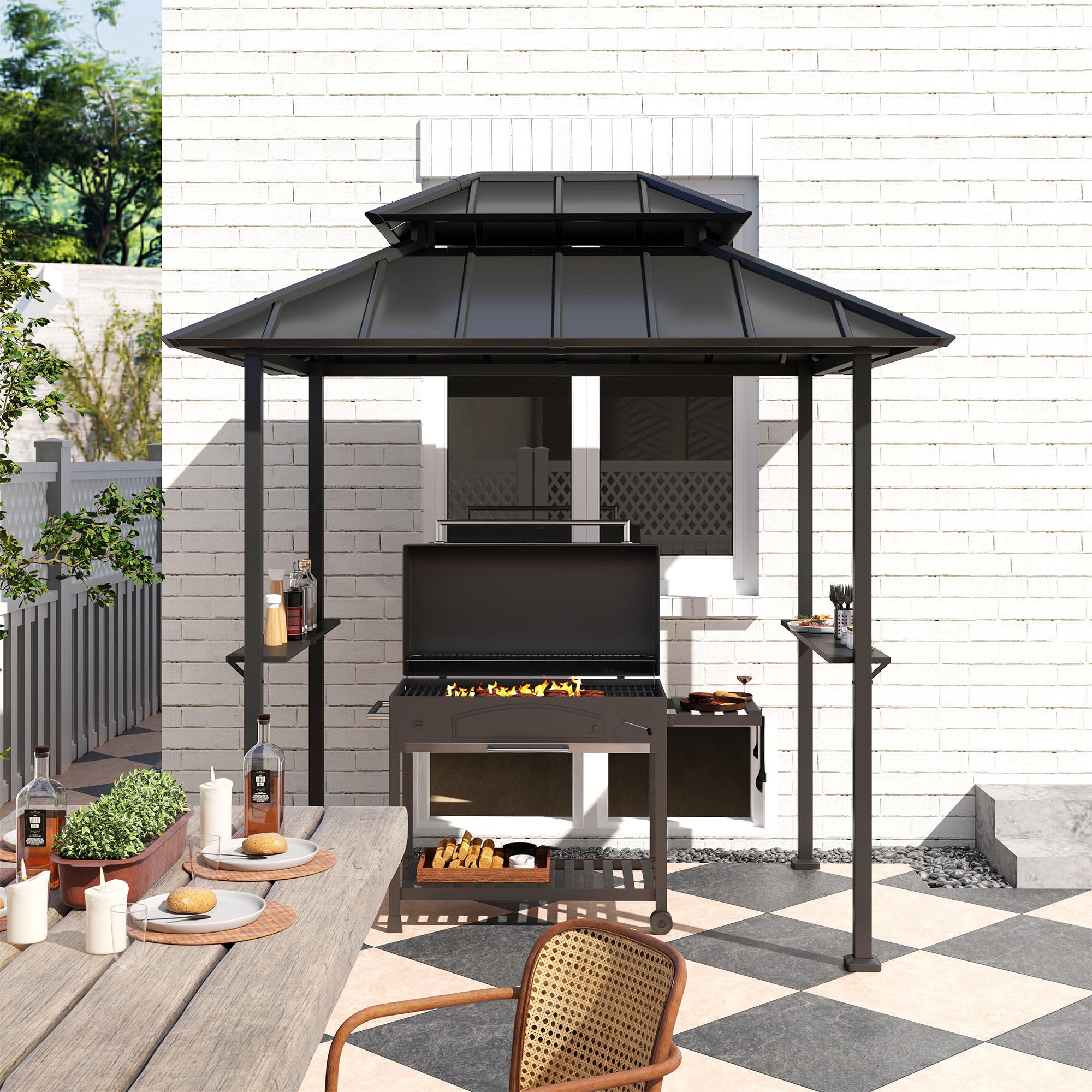 Outsunny Barbacoa cenador rígido de Doble Techo, cenador de jardín con 2 estantes y Gancho Superior, toldo de Barbacoa para terraza de jardín, 244x184x258cm, Negro