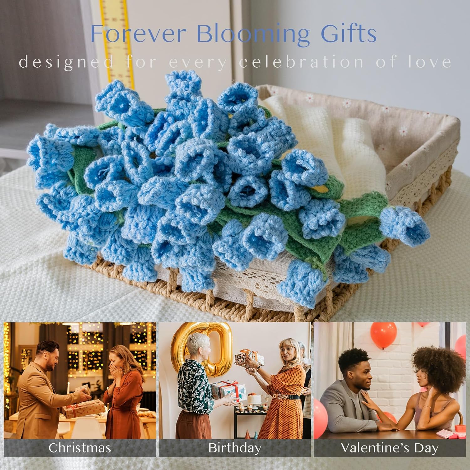 EIGHTOWN 43'' Crochet Flowers Rose Bouquet Blanket Finished - Handmade Knitted Throw Blanket - Home Décor Ideal Gift for Mom - Mother's Day Birthday Valentine's Day (Blue Lily of The Valley) - Image 4