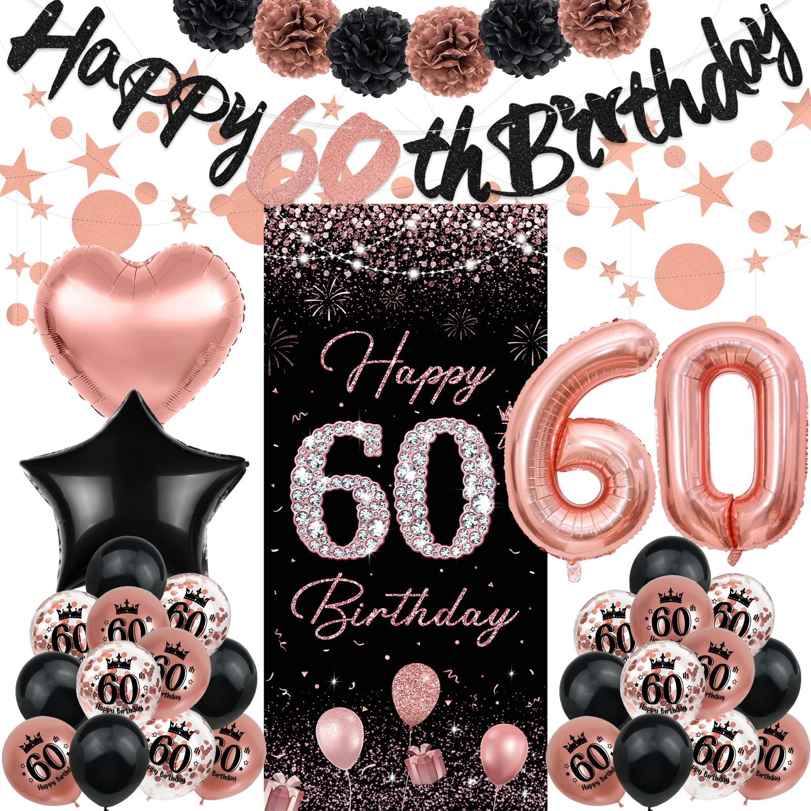 60th Birthday Decorations for Women, TSVATE Rose Gold Happy 60th Birthday Decorations, Banner, Backdrop Yard Door Wall, Balloons, Pompoms, Star