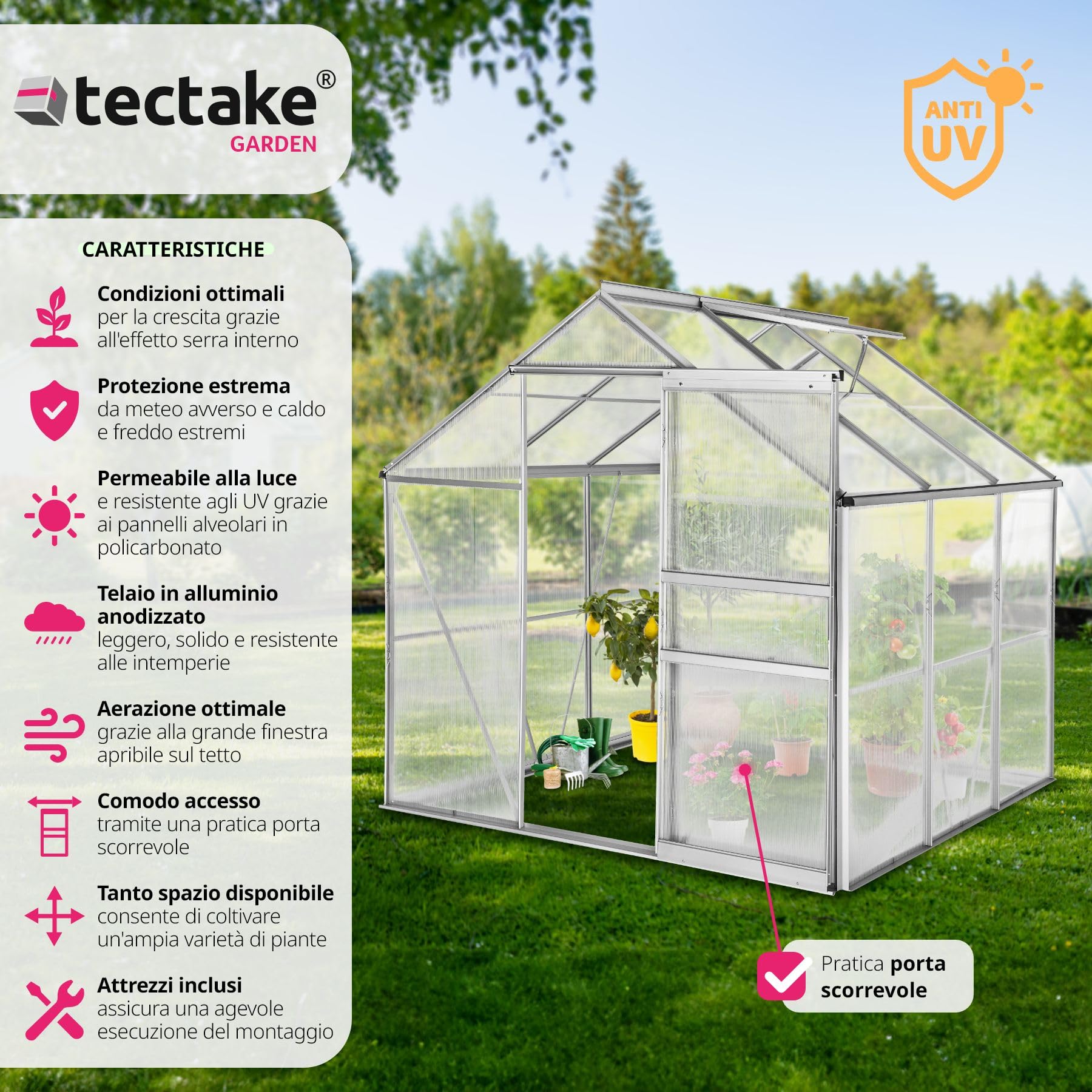 tectake® Serra da Giardino con Telaio in Alluminio Anodizzato, Serra per Orto con Lastre Alveolari Termoisolanti, Serra con Porta Scorrevole, Finestra a Tetto per Ventilazione - 190x185x195 cm