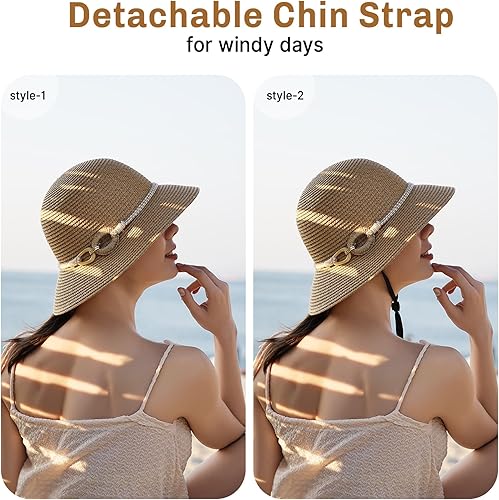 Miniatura 6 de Sombreros de playa para mujer, sombrero de paja de ala ancha para mujer, protección solar UPF 50+, protección solar UV, sombrero plegable enrollable