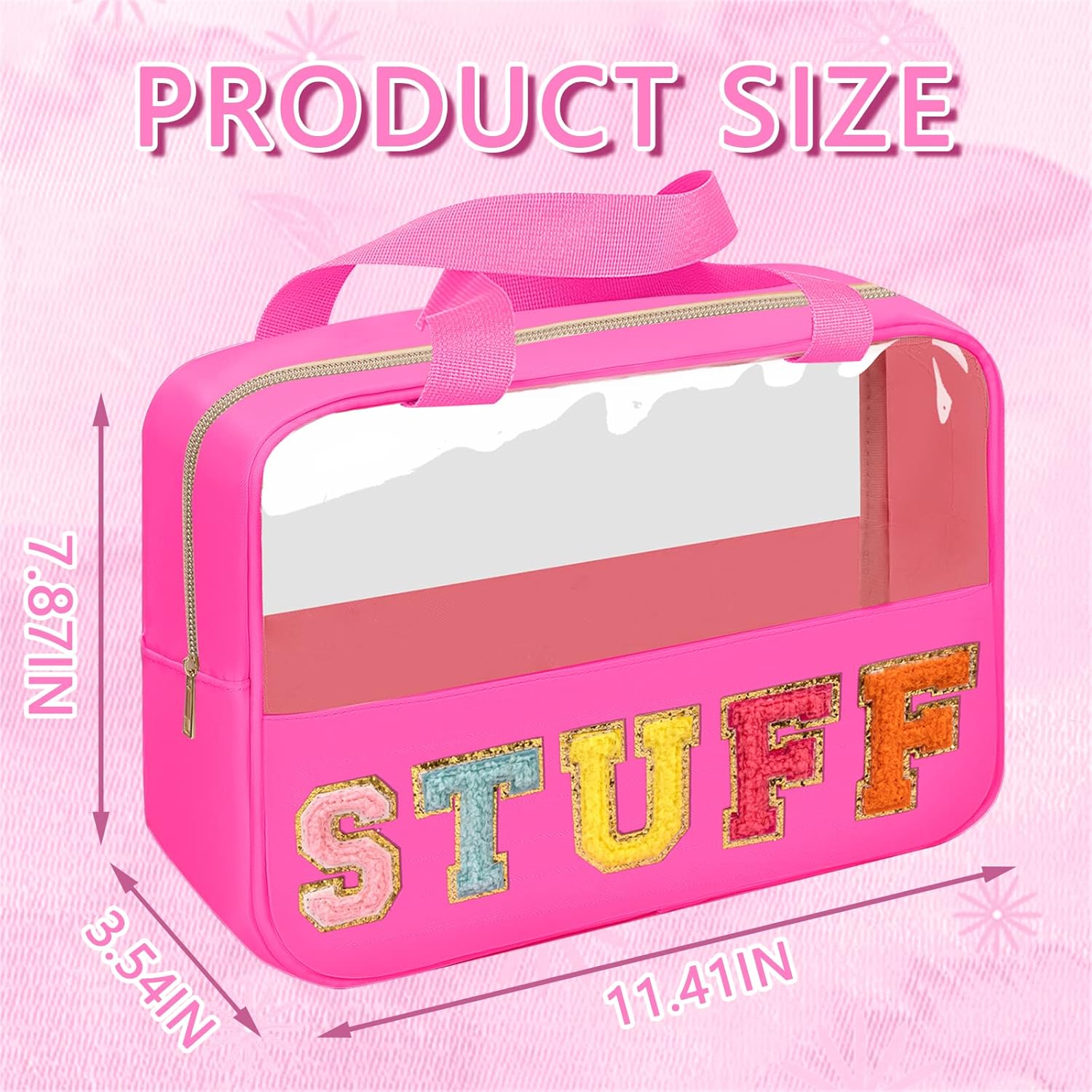 Chenille Letter Patch Stuff Bag, Preppy Clear Makeup Cosmetic Bag Large Toiletry Storage Tote Bag with Handle, Transparent Nylon Waterproof Organizer Zipper Pouch for Travel Women Girls(Rosered) - Image 2