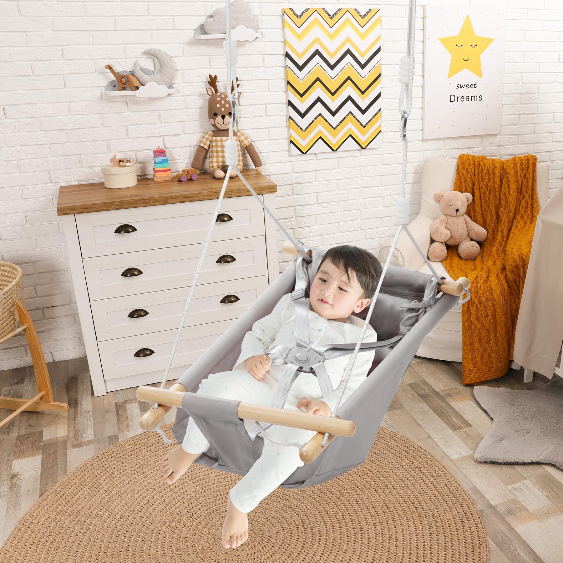 REDCAMP Altalena 3 in 1 con cintura a 5 punti, cotone traspirante e legno, per interni ed esterni, fino a 50 kg, altalena per bambini a partire dai 6 mesi in su (grigio)