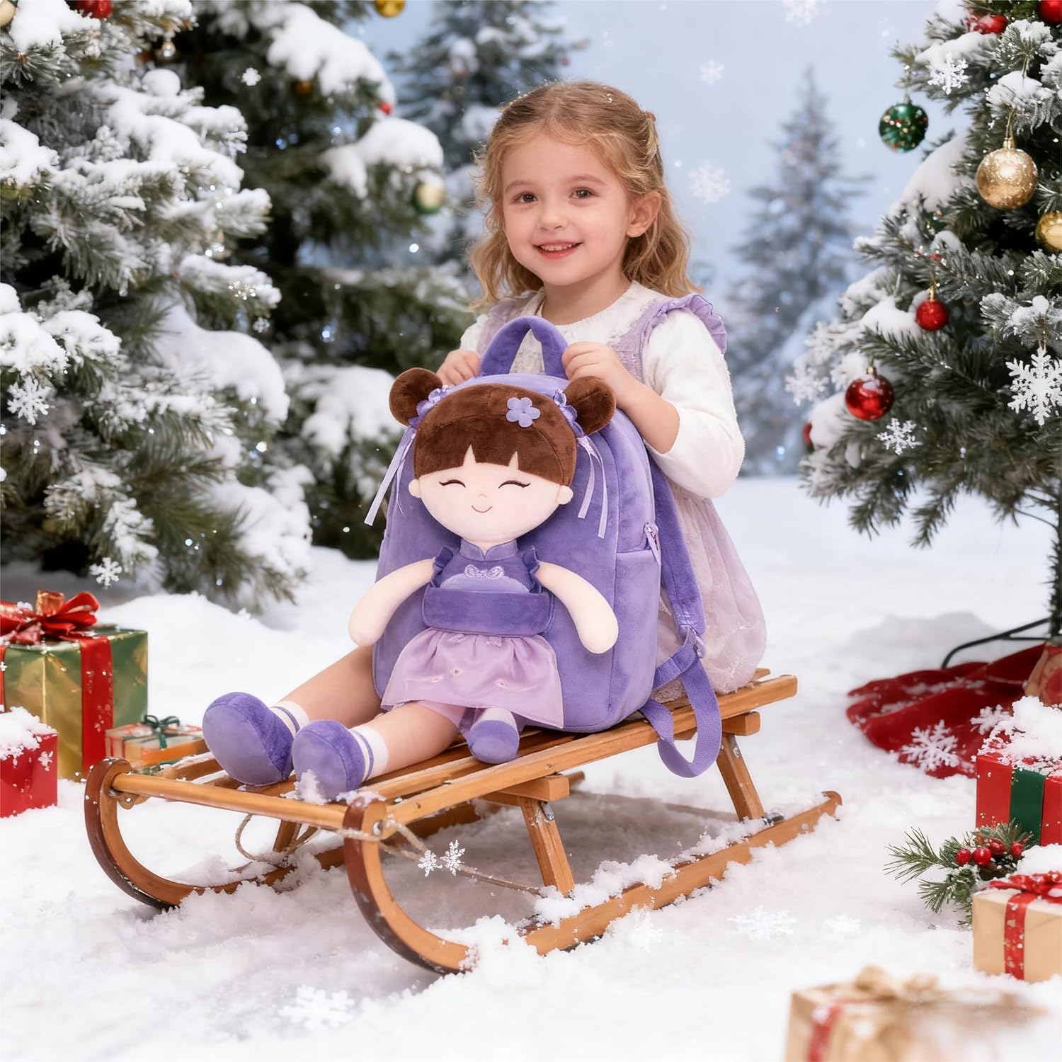 Gloveleya Back to School Gifts for Girls Kids Backpack Toddler Backpack Soft Plush Asian Girl Doll Backpacks Purple 9" - Image 6