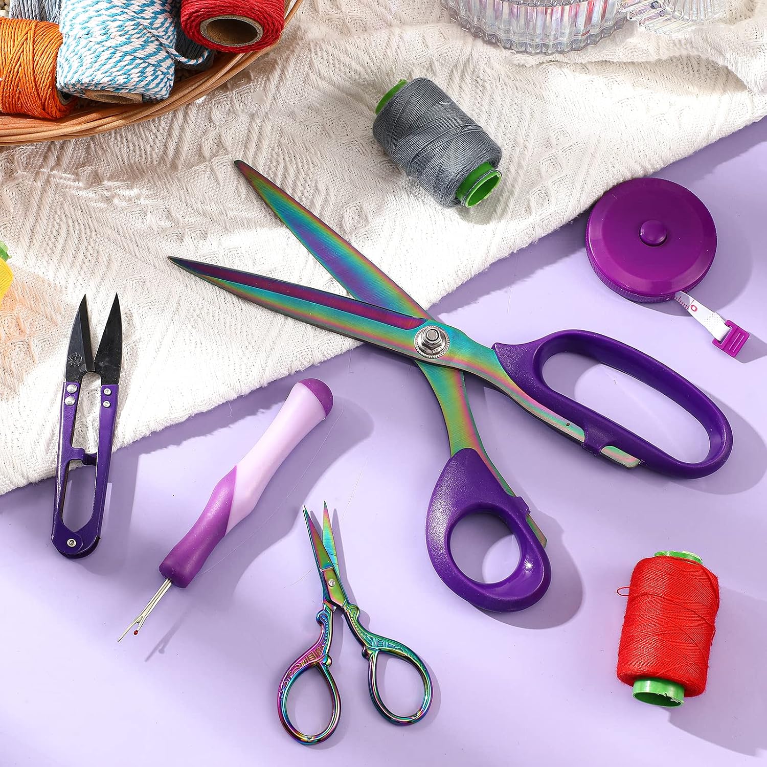 9 Inch Fabric Scissors Tailor Sewing Shears for Fabric Cutting Heavy Duty Tailor Scissors for Quilting Sewing and Dressmaking with Tape Measure, Thread Snip, Seam Tool(Colored, Stylish Style)