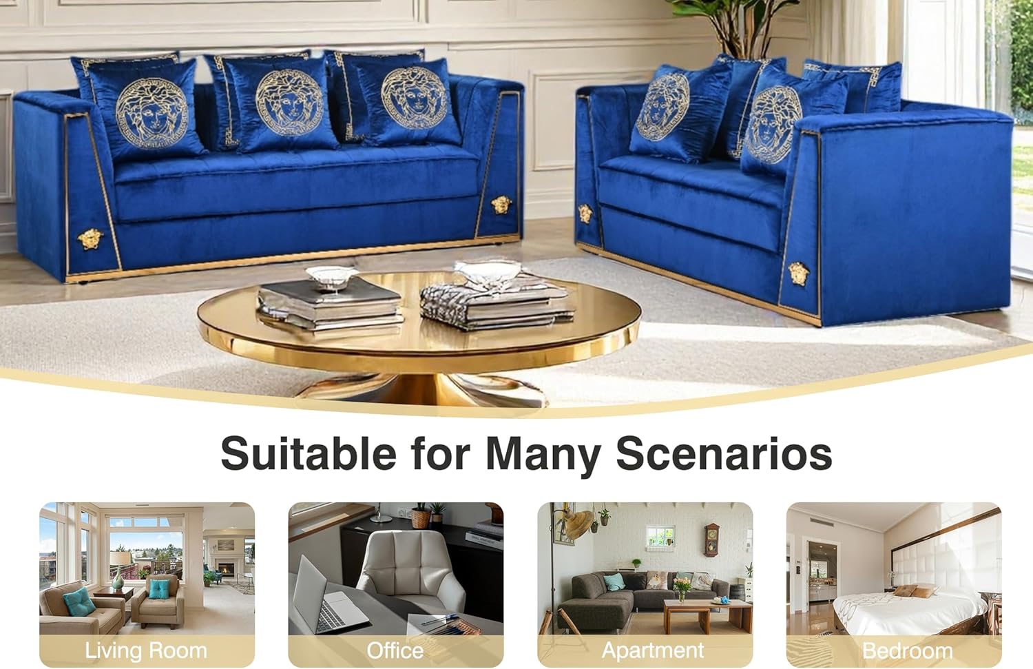 THSUPER 2 Piece Velvet Modern Couch and Loveseat Set, 5 Seater Luxury Couches with Metal Pattern and Pillows for Living Room (Blue &Gold)