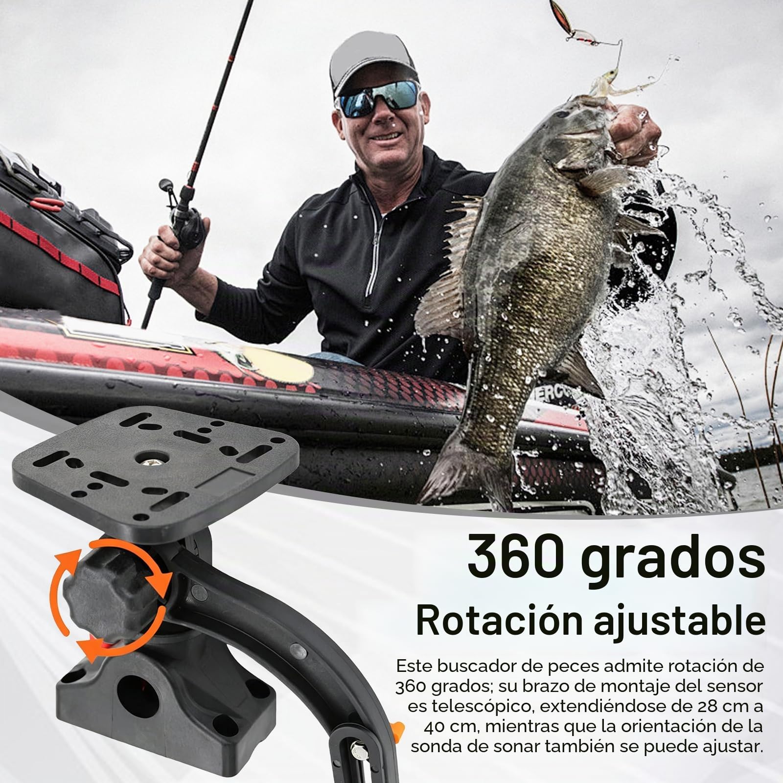 Soporte para Sonda De Pesca, Soporte Giratorio De 360 ​​Grados Soporte para Sonda con Abrazadera Ajustable Y Placa De Montaje Universal para Barcos Y Kayaks Altura De 28-40cm