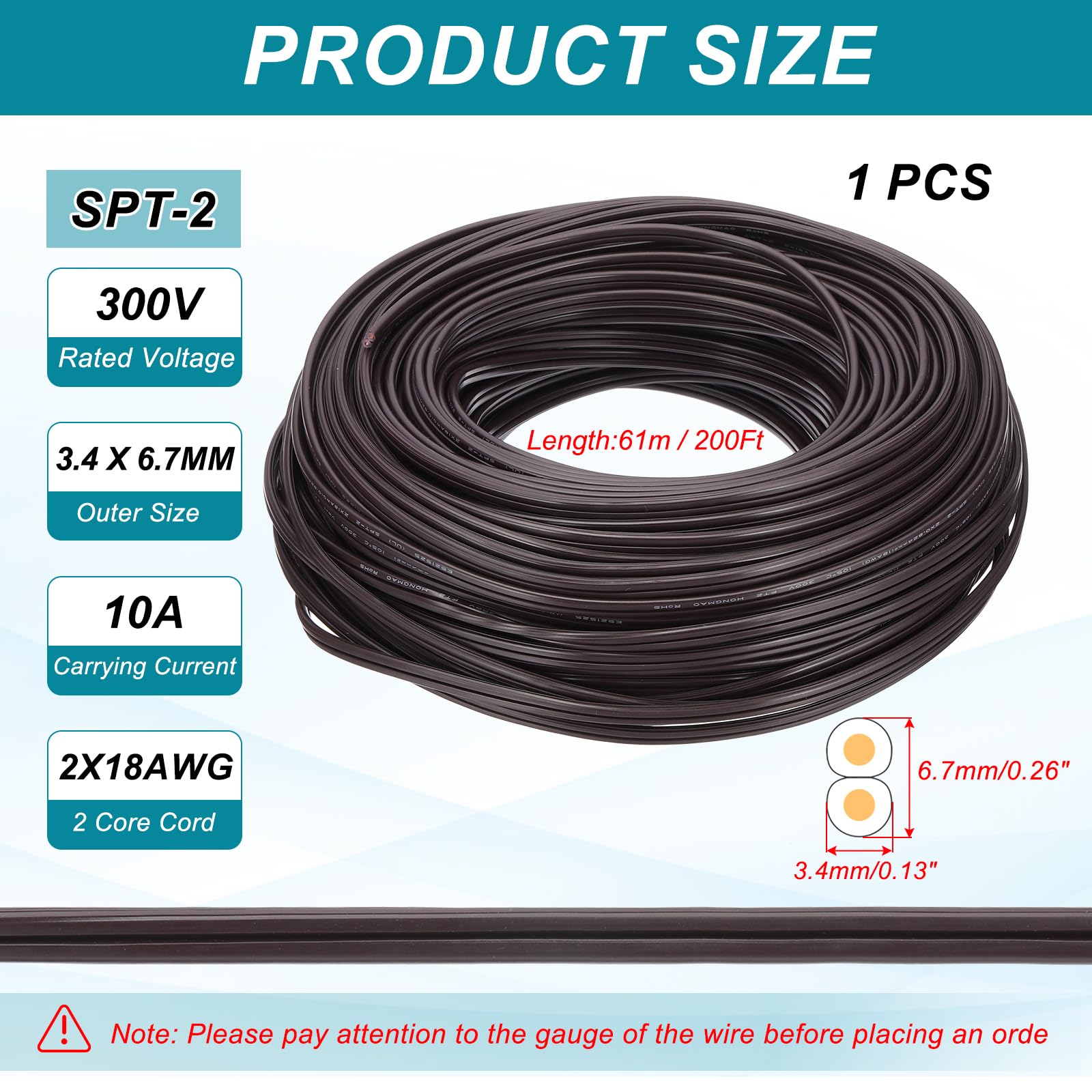 PATIKIL Przewód 200ft 18/2 PVC Covered Wire, 300 V SPT-2, izolowany, odporny na wysokie temperatury, elastyczny kabel do lampy LED, przewód audio, głośnik kablowy, brązowy, lista UL