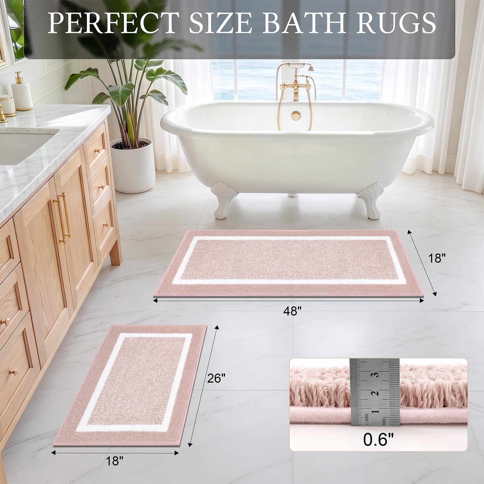 Pauwer - Juego de alfombras de baño, antideslizantes, absorbentes, para bañera y suelo, lavables a máquina, rosa polvoriento