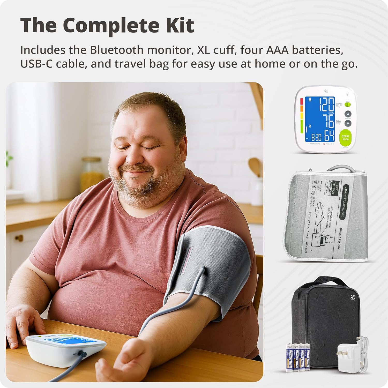 Greater Goods Bluetooth Blood Pressure Monitor with Extra-Large Cuff (15.7"–20.5") – Automatic Digital Upper Arm BP Monitor for Large Arms, Easy-to-Read Backlit Display, Complete Home Kit