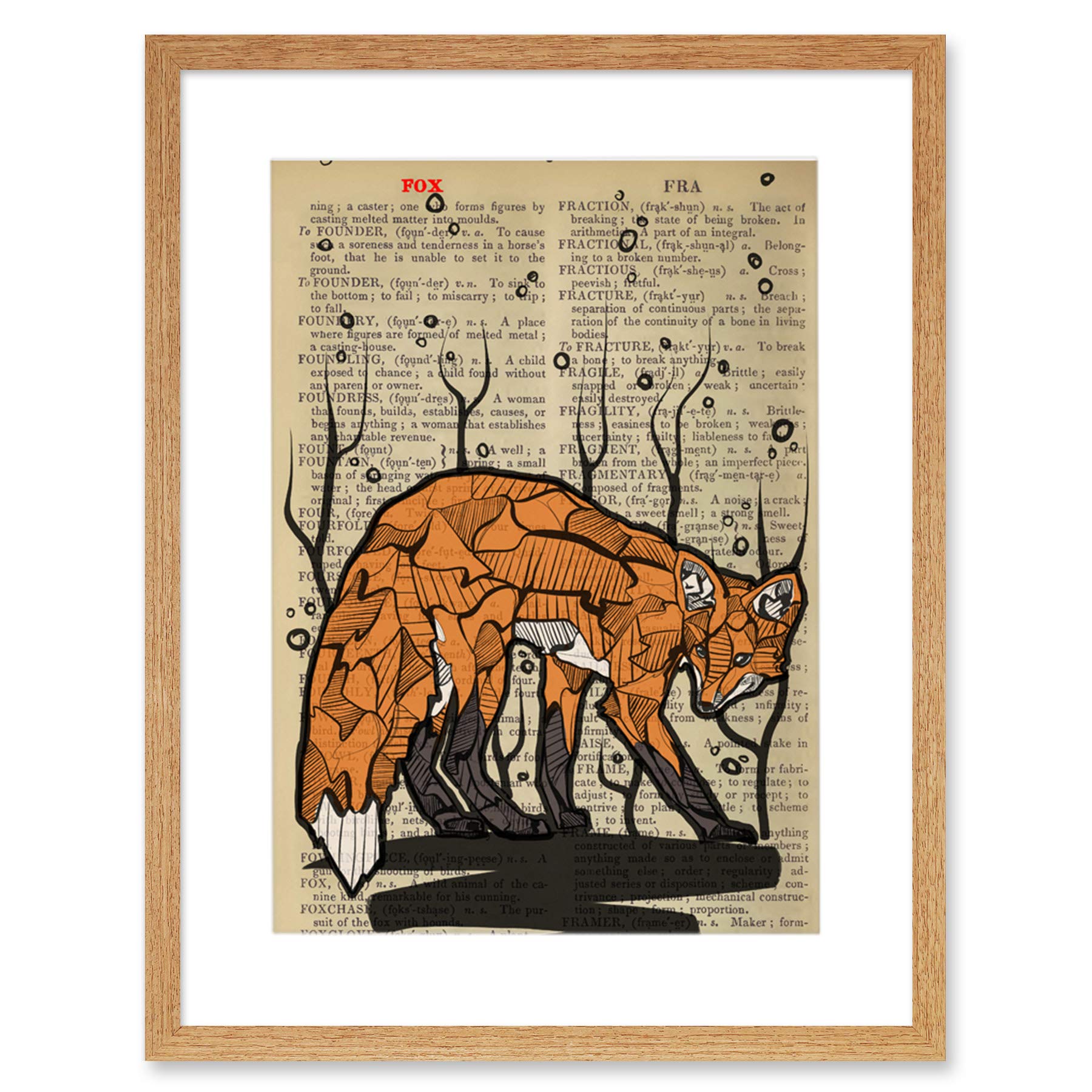 Wee Blue Coo Upcycle Dictionary Fox Artwork Framed Wall Art Print 12X16 Inch
