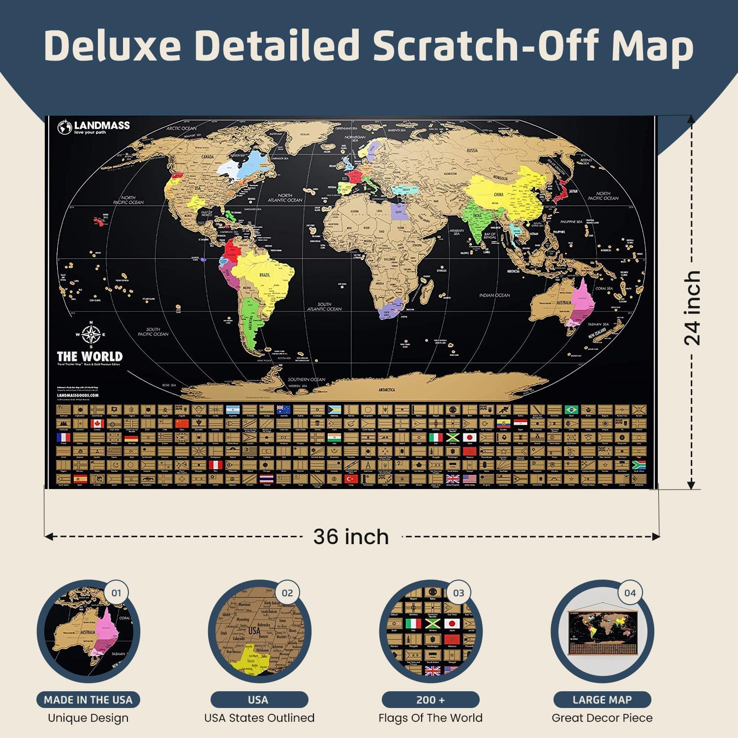 Landmass Mapa del mundo para rascar, decoración de póster grande para viajeros, 91 x 61 cm | La cartografía detallada incluye fronteras de países, banderas y capitales mundiales