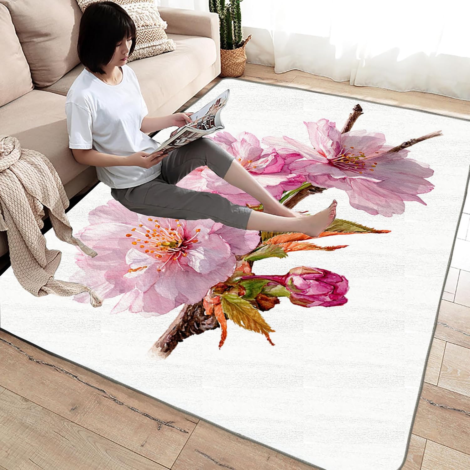 Tapis de Salon Imprimé Coloré Fleurs de Cerisier en Poudre pour Salon, Chambre, Bureau(Rose pâle)-90x120cm
