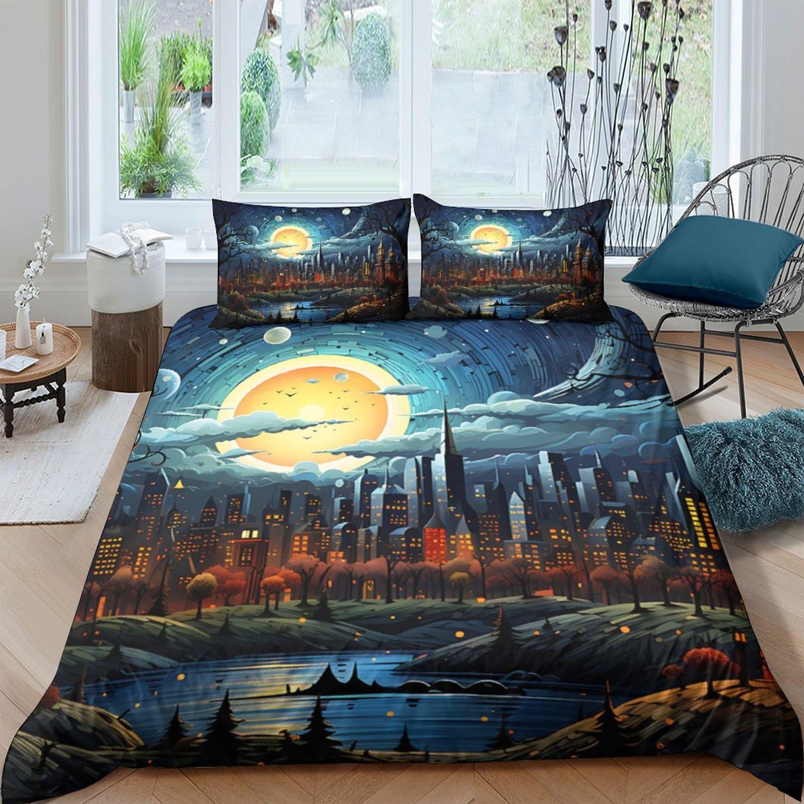 Ctjqhvkz Style-9 3D Printed City Nightscape Fitted Sheet Microfiber Soft Blue Orange Sky Mattress Cover For Bedroom Guest Room Decor Single（135X200cm）