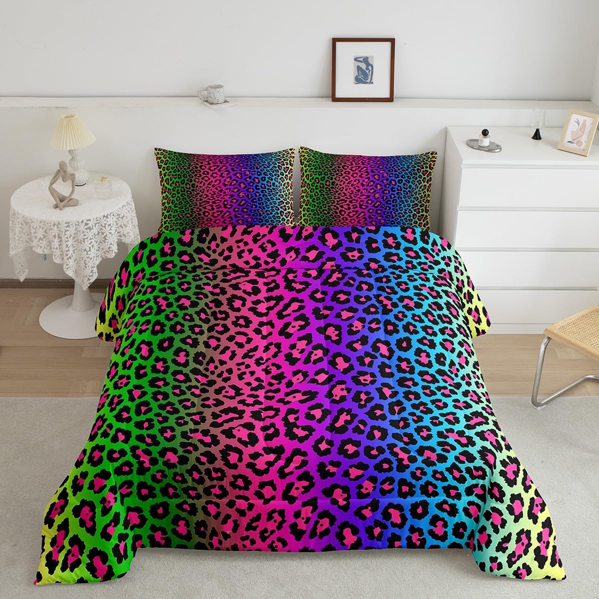 Feelyou Leopard Comforter Set for Kids Boys Girls Rainbow Comforter Cheetah Colorful Bedding Set Decor Multicolor Duvet Set Queen Size Quilt 3Pcs Boys