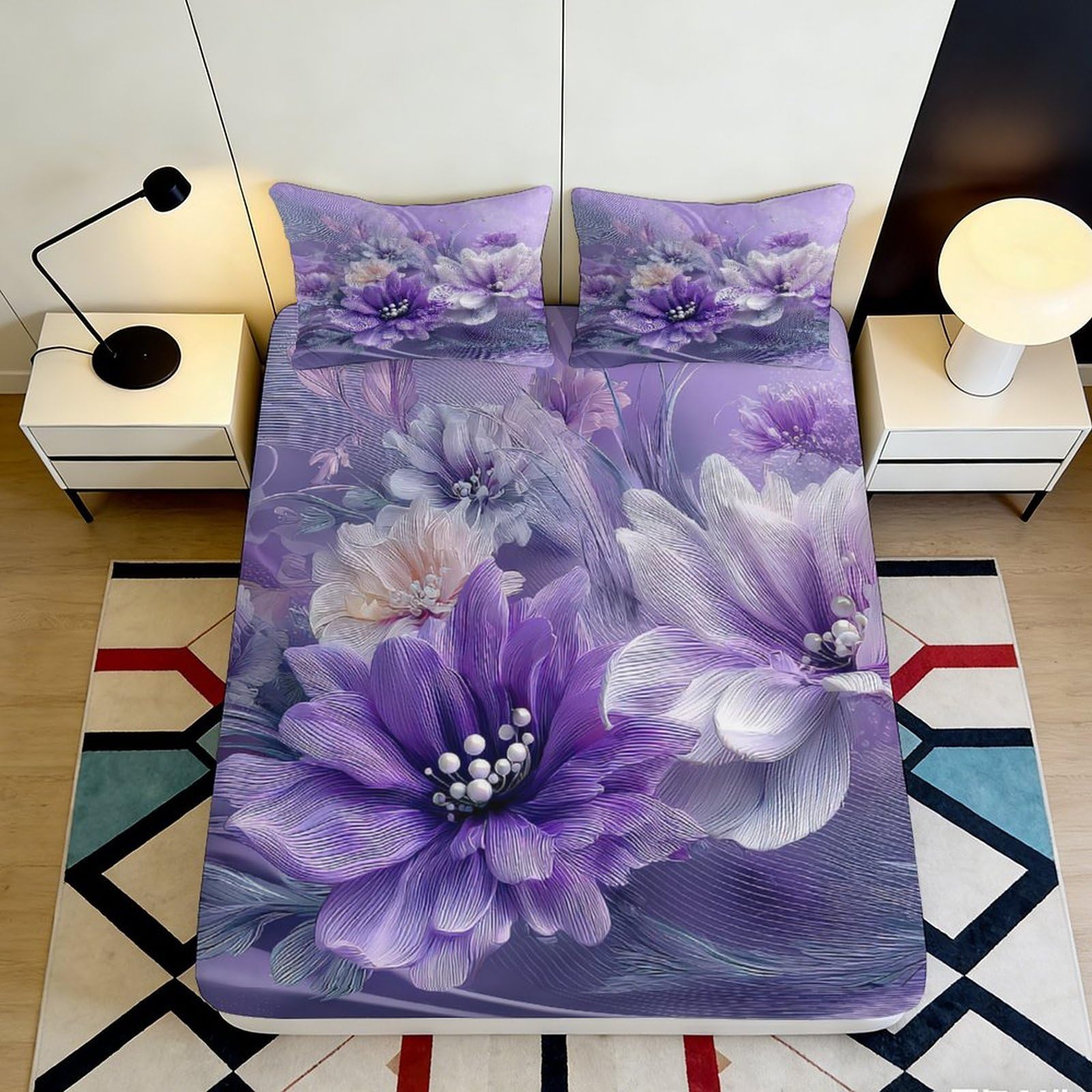 3D Printed Purple Floral Fitted Sheet Microfiber Soft Anti-Slip Pastel Blossom Mattress Cover Washable for Bedroom 200x200x25cm