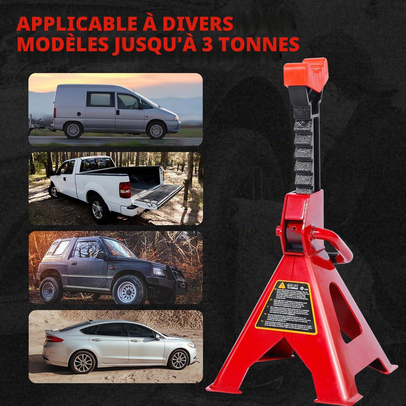 CCLIFE Lot de 2 Chandelles à Crémaillère 3T, Hauteur Réglable 285-400 mm avec Patins en Caoutchouc pour Voitures, Caravanes et Camping-Cars