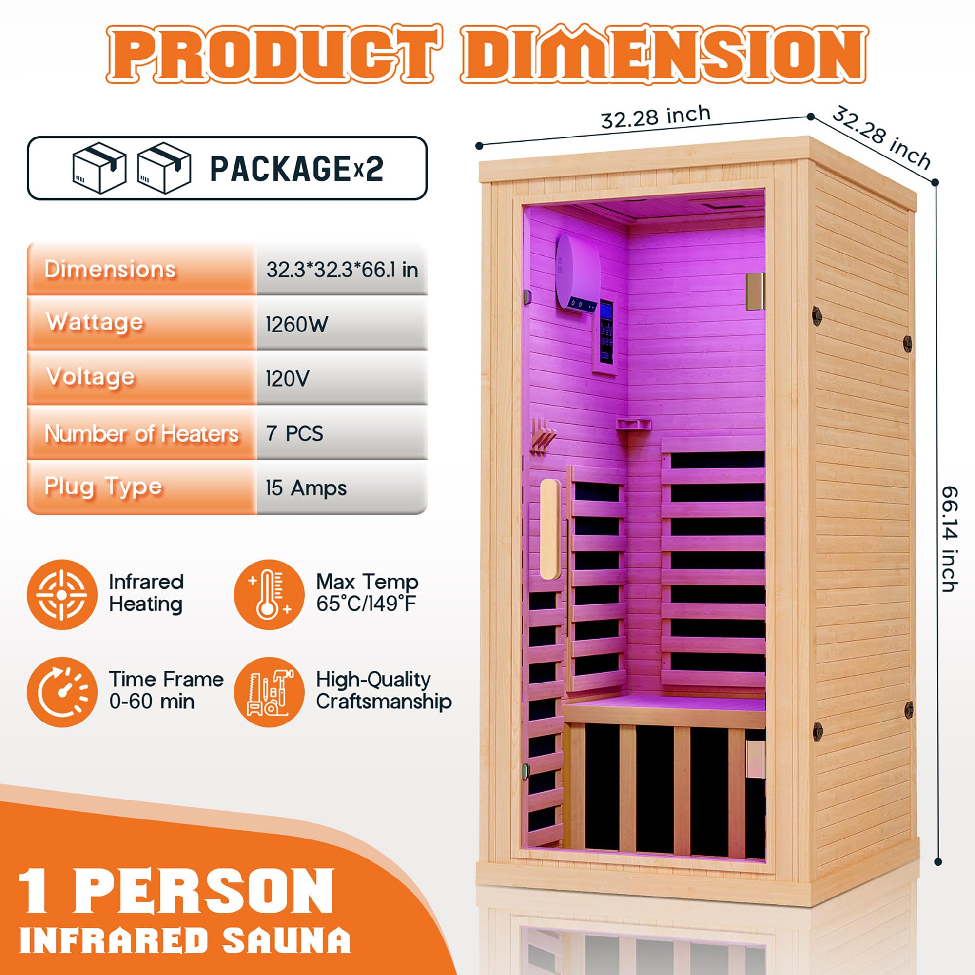 Albott Infrared Sauna Room, 1260W/110V Canadian Hemlock Wood 1 Person Infrared saunas for Home with 7 Color Therapy Lamp, Foot Heater, Dual Bluetooth Speaker, LCD Control Panel, 32.3x32.3x66.1inch