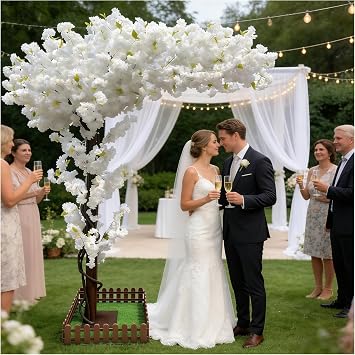 8.2 FT Artificial Cherry Blossom Tree, Never Withering with Stable Support, White Large Faux Silk Japanese Sakura, Indoor Outdoor Decoration for Home Garden Wedding Mall Store