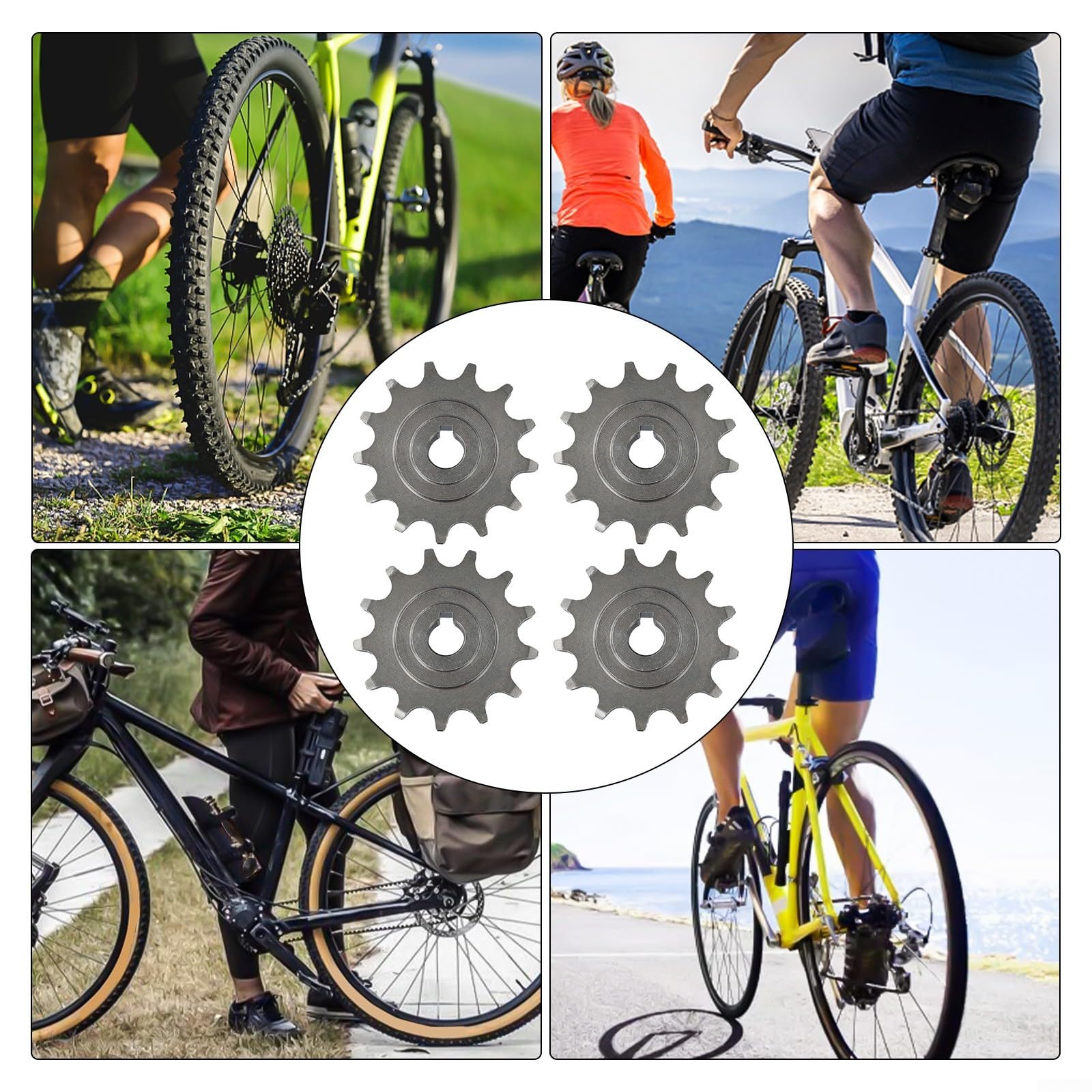 Il sistema di ingranaggi per bicicletta contiene quattro pignoni in lega, ciascuno con tredici denti, compatibile con catene standard