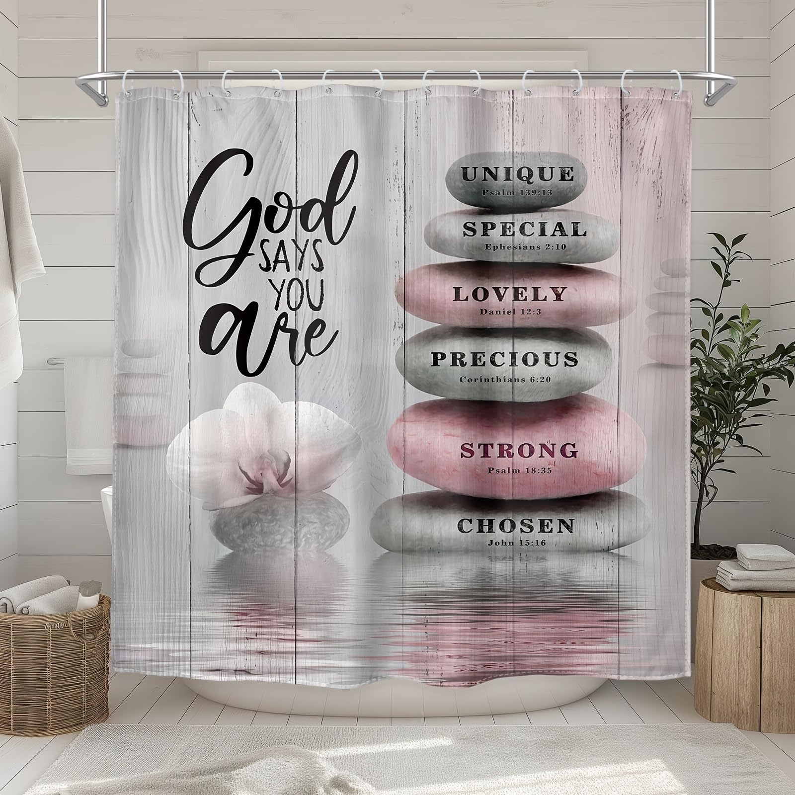 GLWDMB 1 Piece 150x180CM Motivational Quotes And Pink Zen Stone Lotus Pattern For Spa Meditation Relaxation Pattern Printed Shower Curtain With Hook, Polyester Fabric, For Bathtub, Bathroom