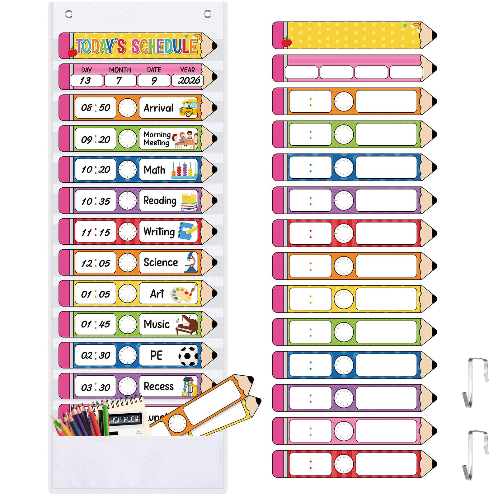 Pasimy Tagesplan-Taschendiagramm mit 31 Bleistiftkarten und 14 Taschen, Schulanfang, Klassenzimmer, Dekoration für Schule, Büro, Zuhause, pädagogische Aktivitäten
